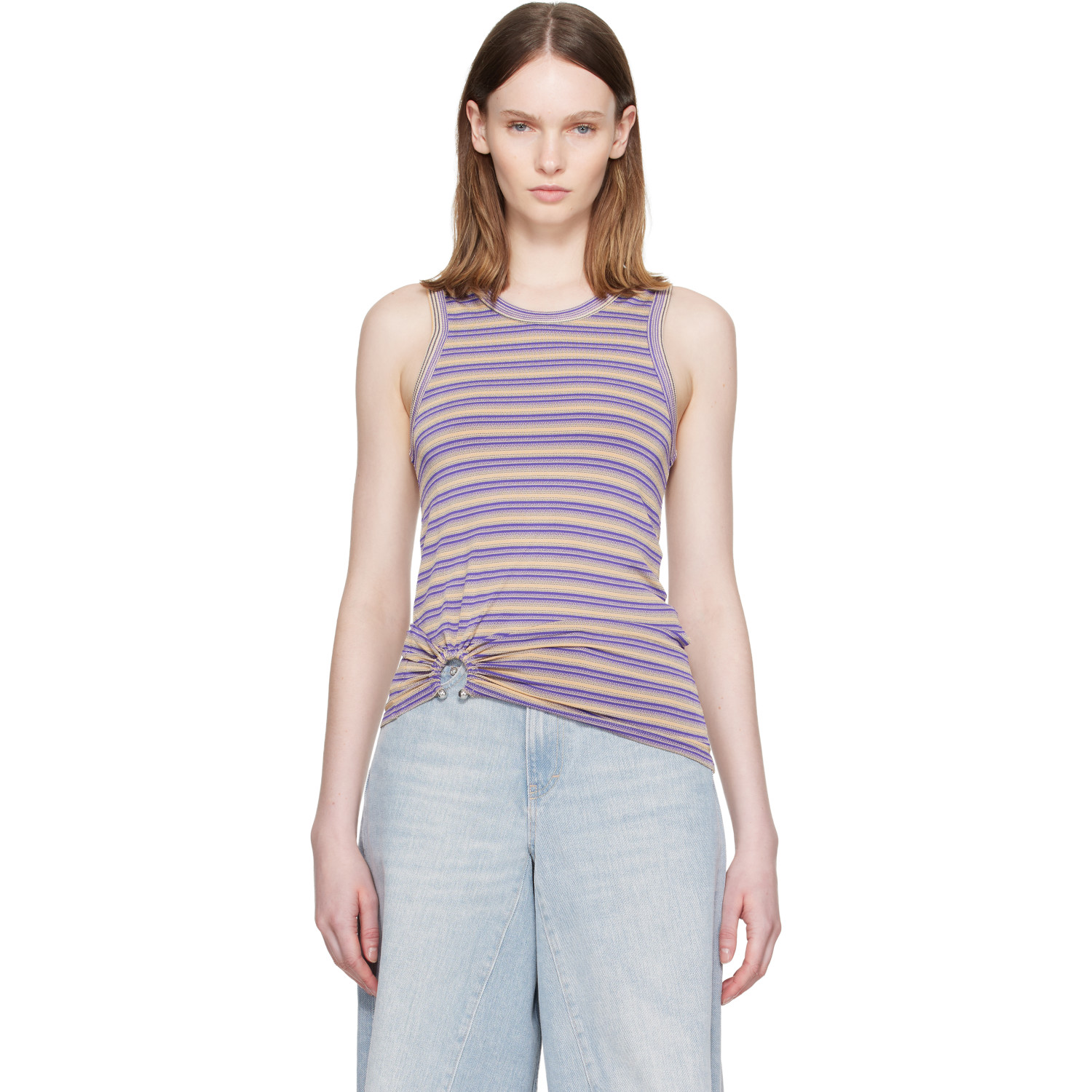 Rabanne Purple & Beige Striped Piercing Viscose Jersey Tank Top