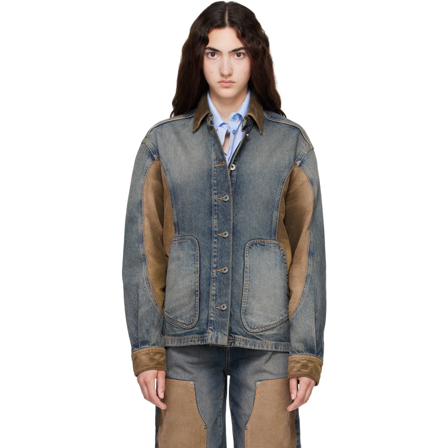 Off-White Navy & Brown Corduroy Patch Denim Jacket