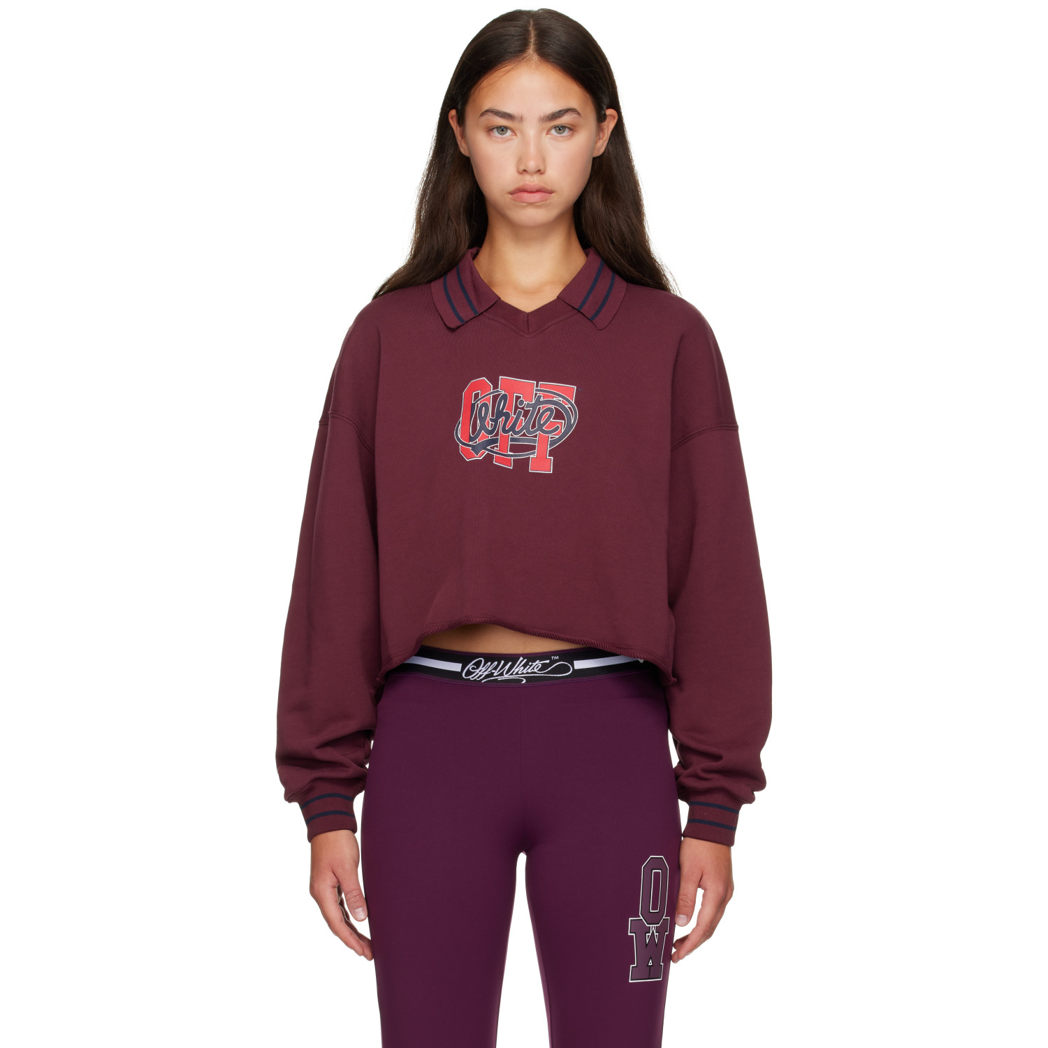 Off-White Burgundy 'Off' College Crop Polo Sweatshirt