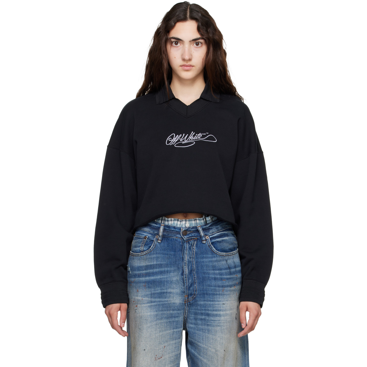 Off-White Black Embroidered Script Crop Polo