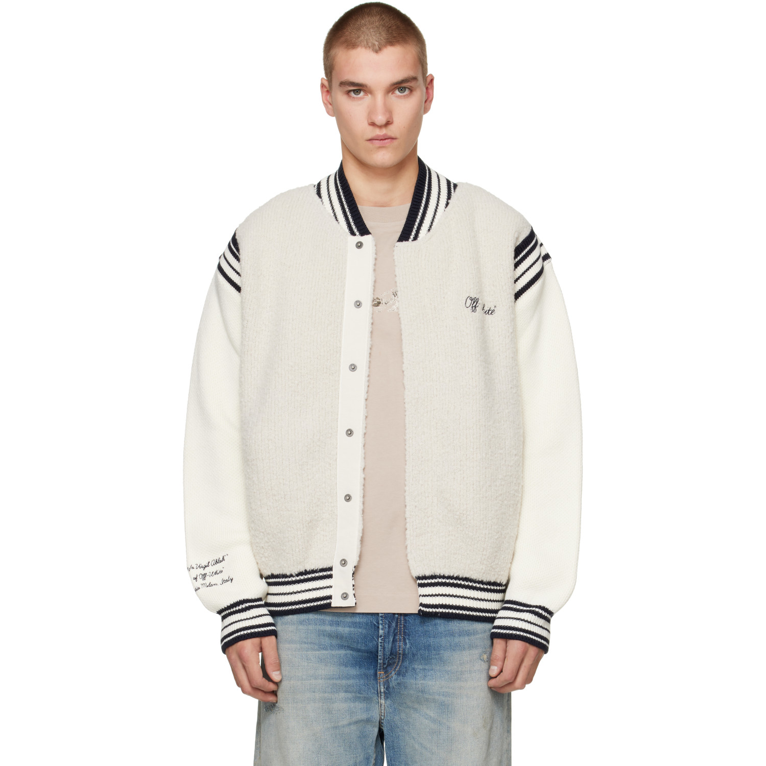 Off-White Gray & Off-White Script Logo Knit Bomber Jacket