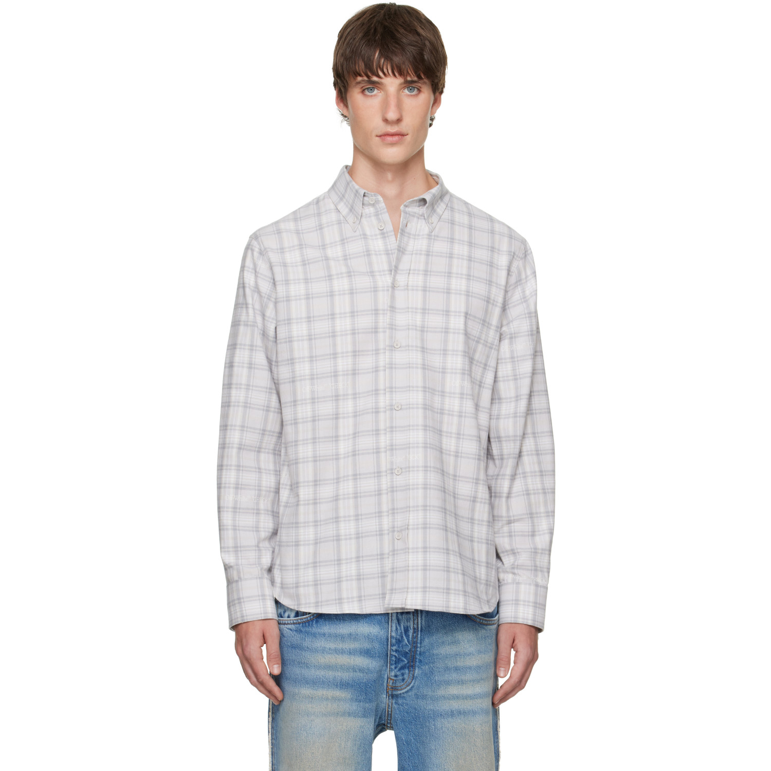 Off-White Gray Handstyle Logo Check Flannel Shirt