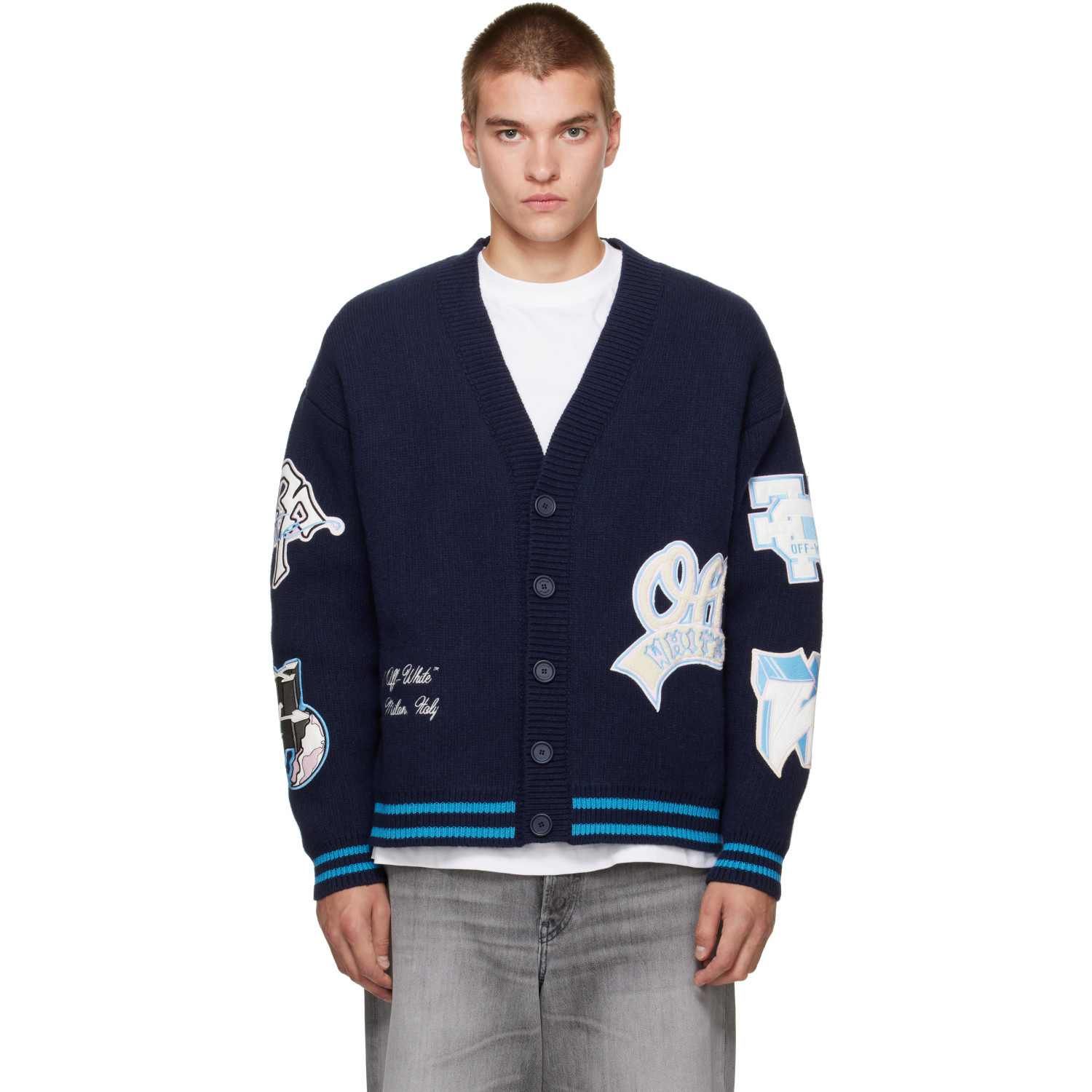 Off-White Navy OG Patches Varsity Knit Cardigan