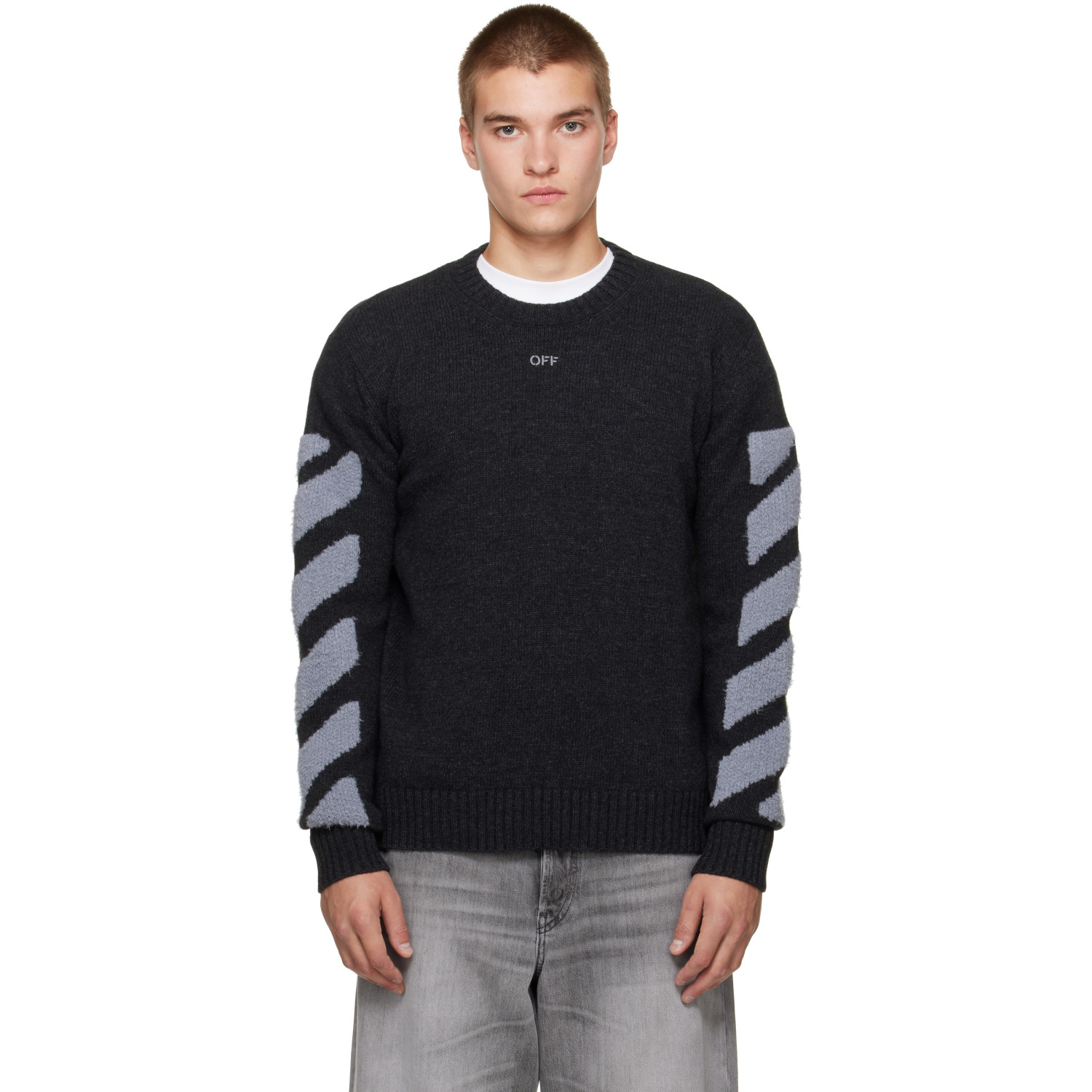 Off-White Gray Diag Fuzzy Knit Crewneck Sweater