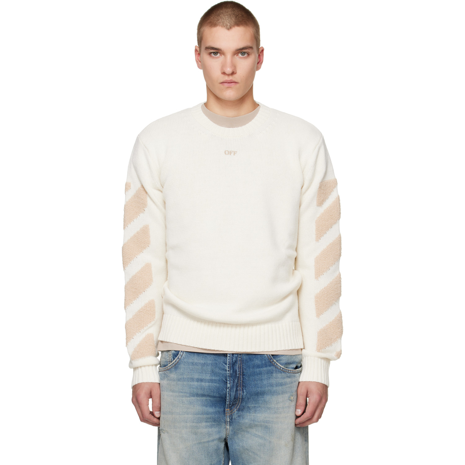 Off-White Off-White Diagonals Fuzzy Knit Crewneck Sweater