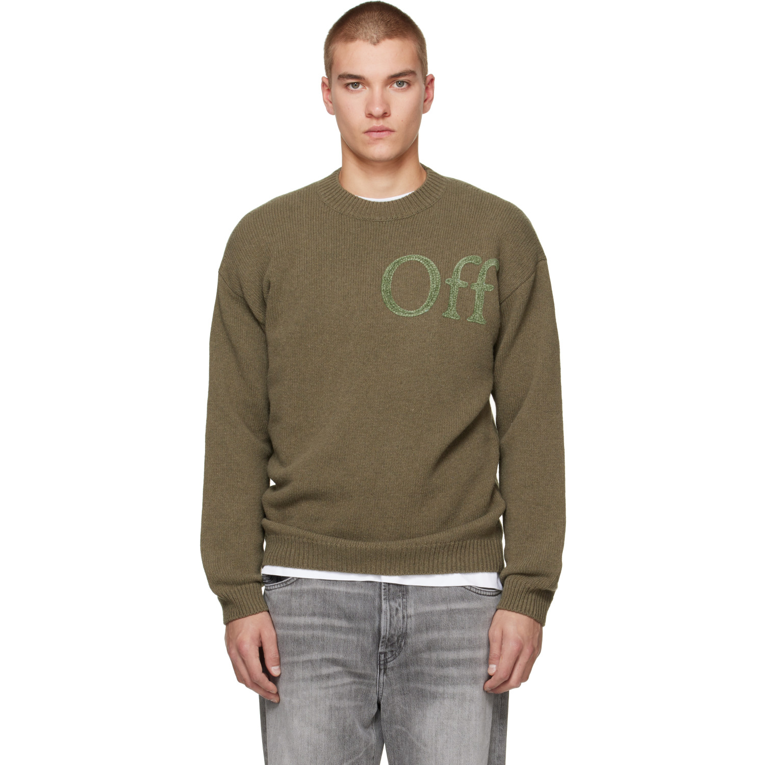 Off-White Khaki Bookish Shared Knit Crewneck Sweater