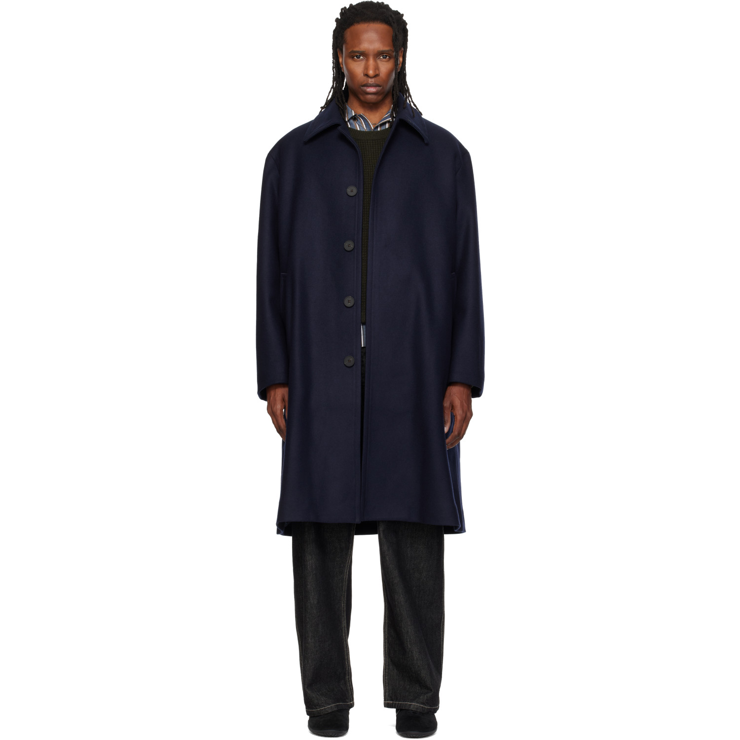 Studio Nicholson Navy Wool Overcoat