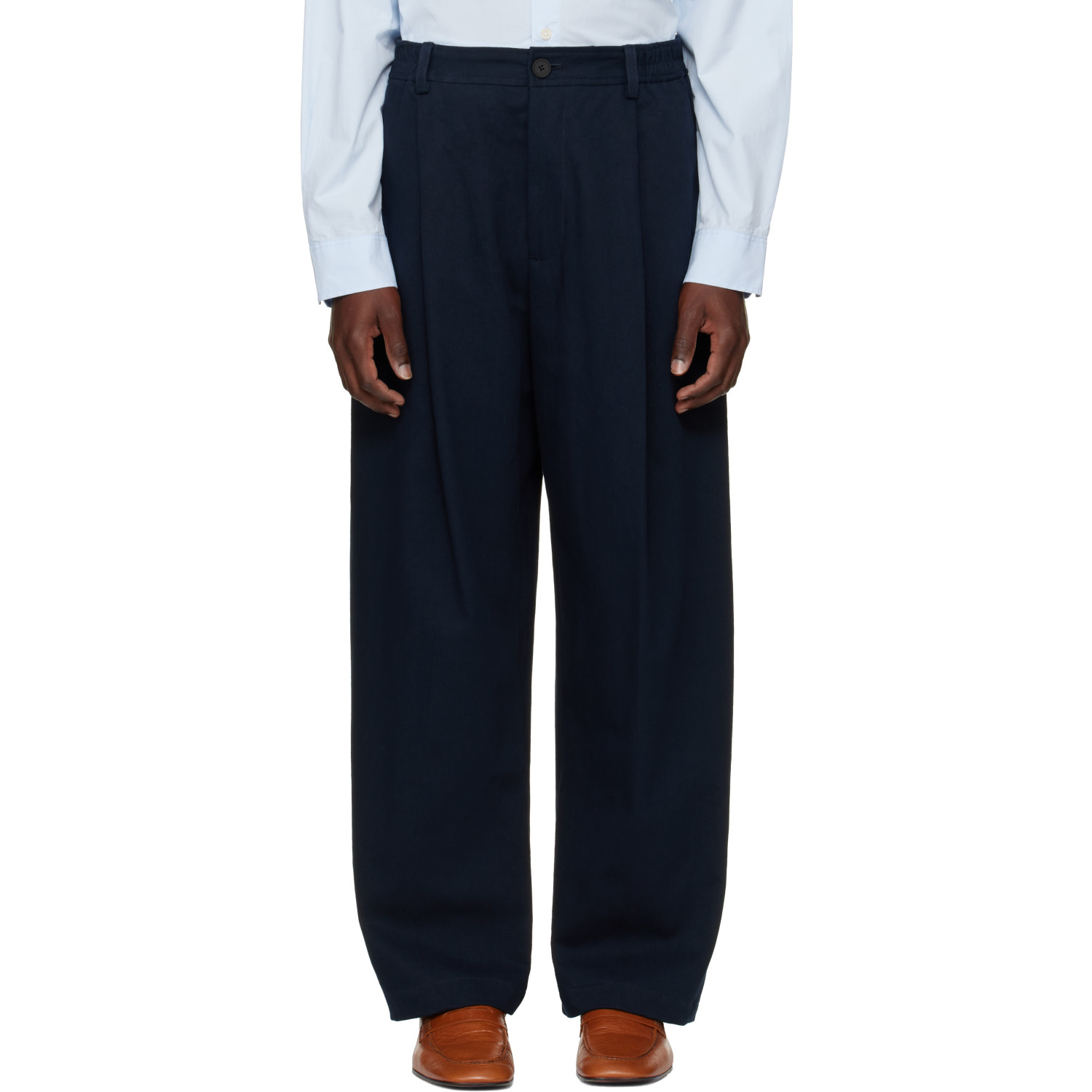 Studio Nicholson Navy Shire Cotton Pleated Trousers