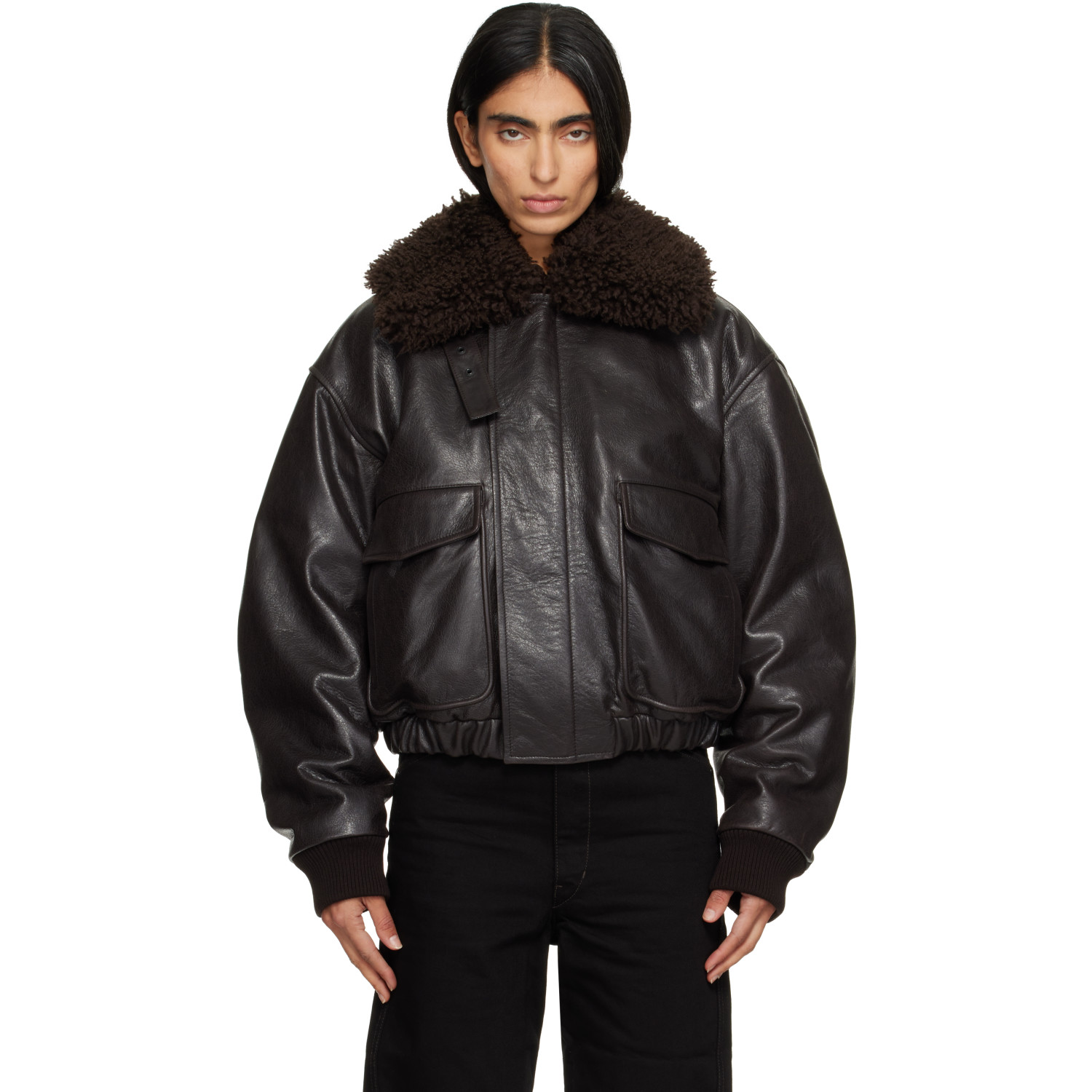 LEMAIRE Brown Leather Pilot Blouson Jacket