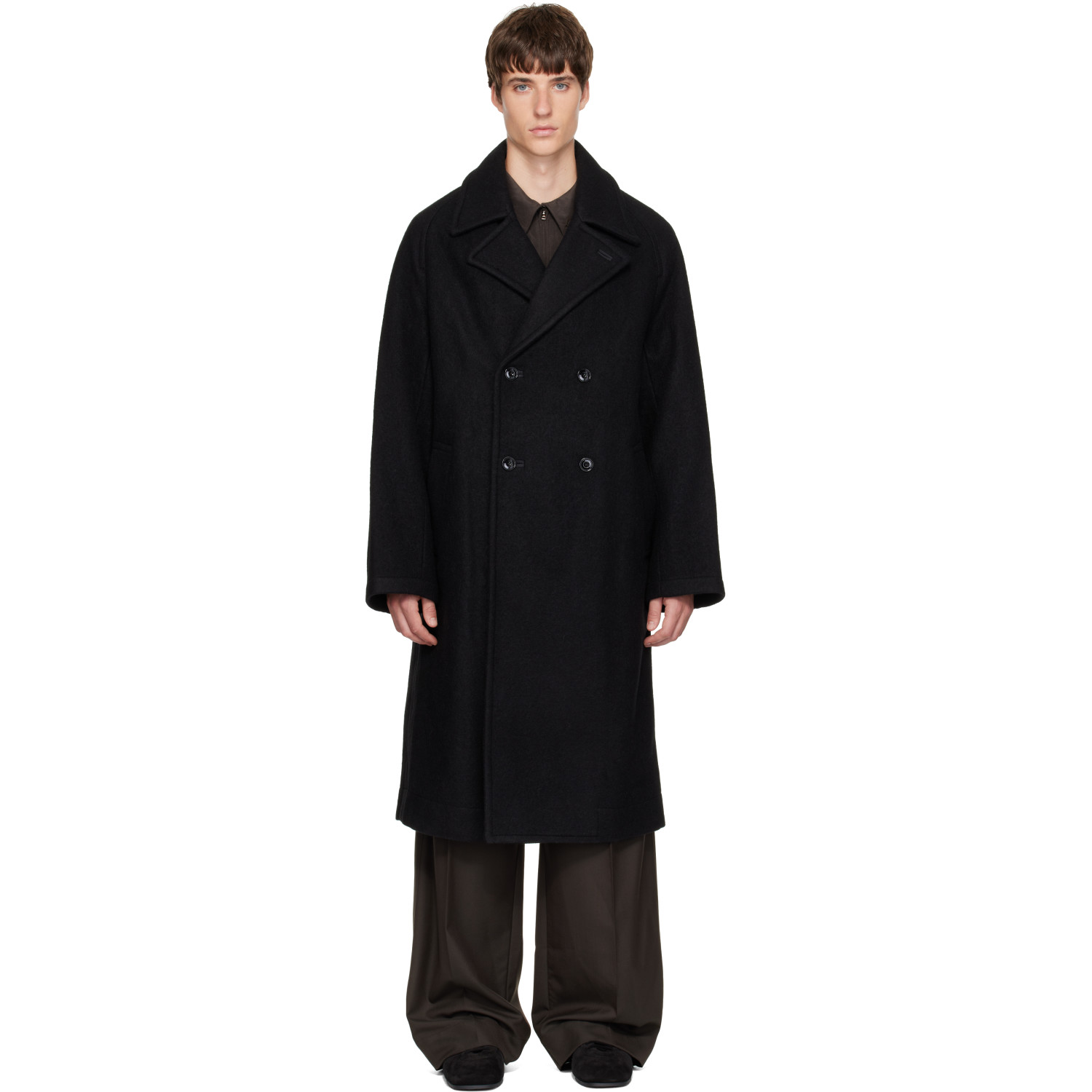 LEMAIRE Black Double-Breasted Wool & Alpaca Coat