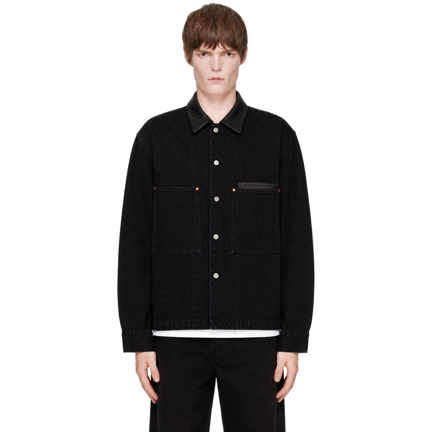 LEMAIRE Black Workwear Leather Collar Denim Jacket