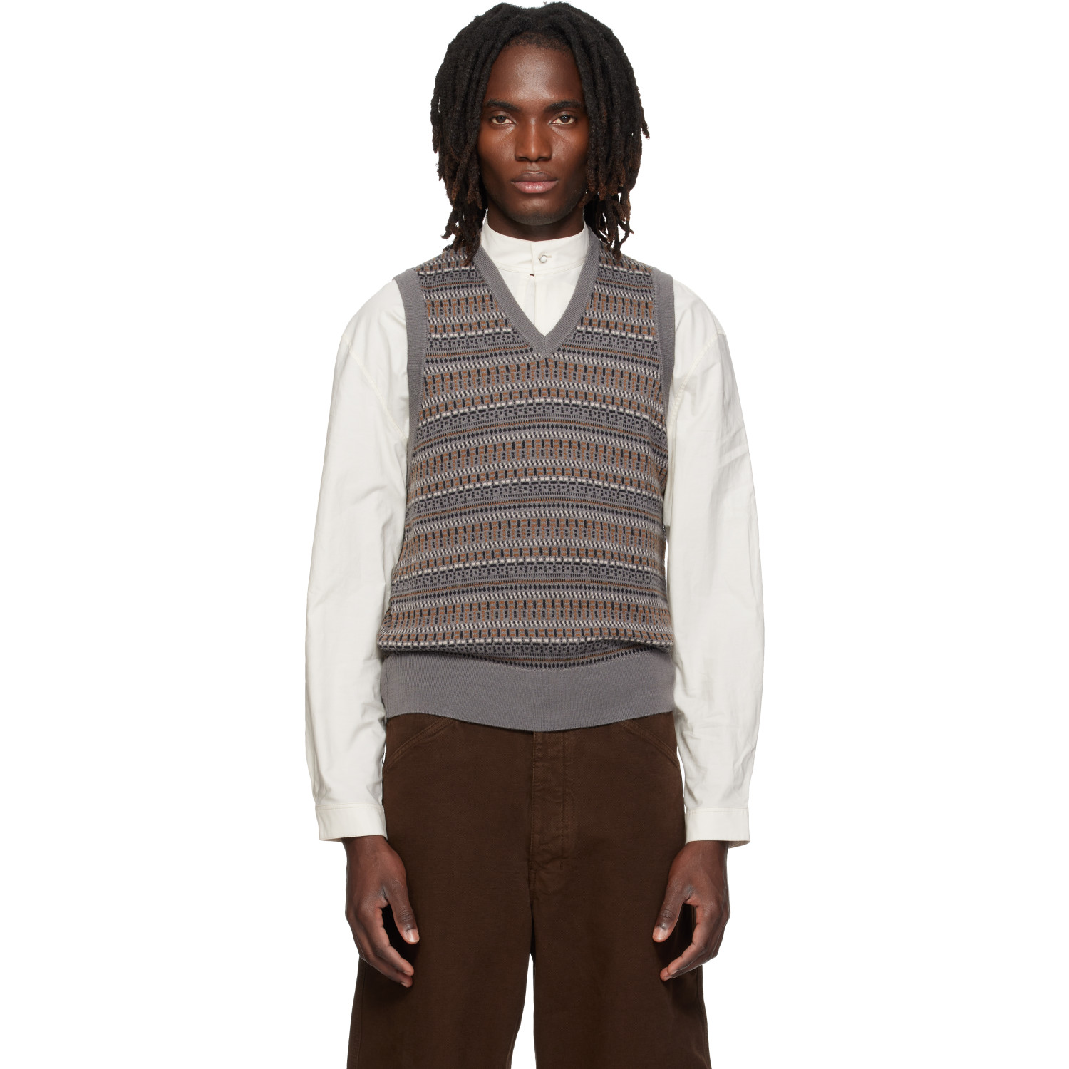 LEMAIRE Gray V-Neck Jacquard Sweater Vest
