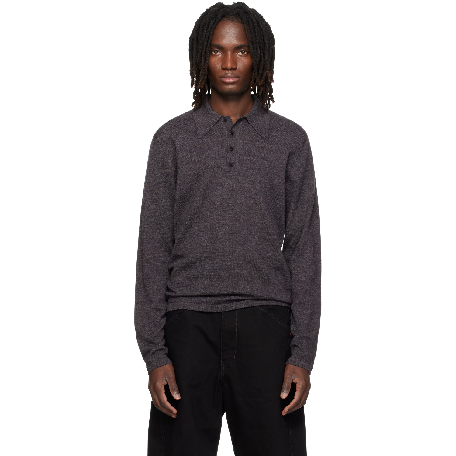LEMAIRE Gray Long-Sleeve Fine Mouliné Merino Wool Polo