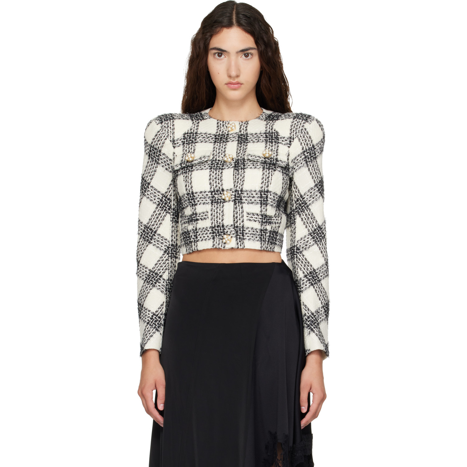 VETEMENTS White & Black Round Shoulder Tweed Jacket