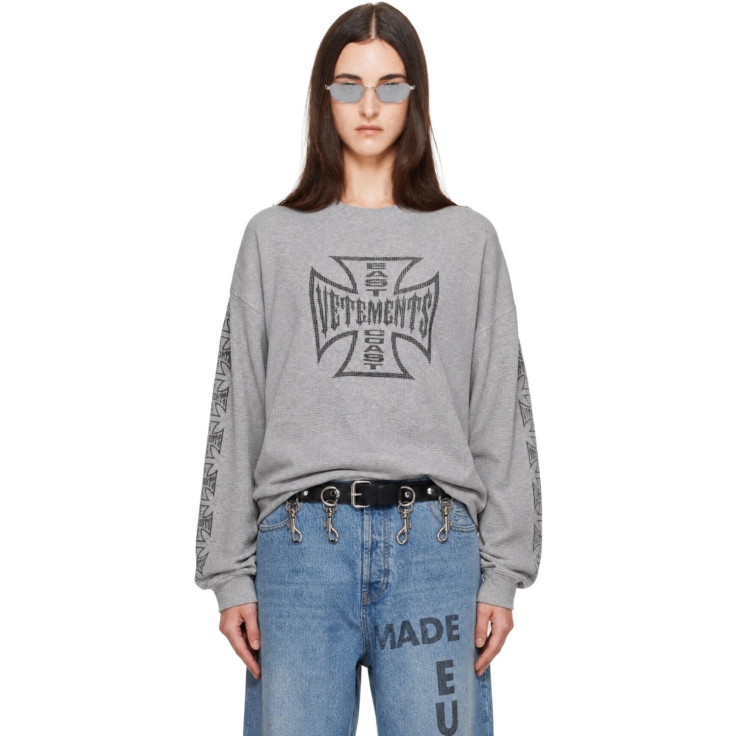 VETEMENTS Gray Big Biker Cross Waffle Longsleeve T-shirt