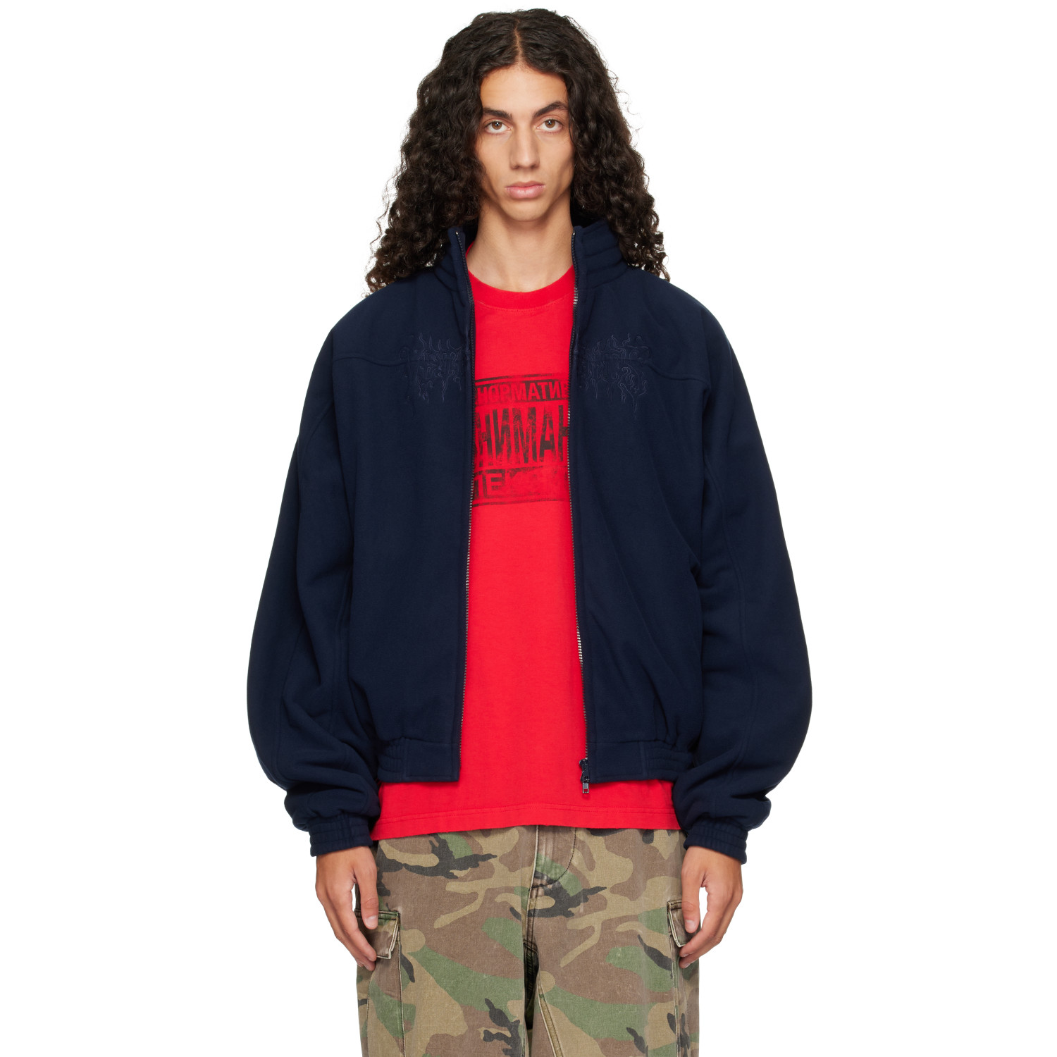 VETEMENTS Navy Embroidered Metal Logo Fleece Jacket