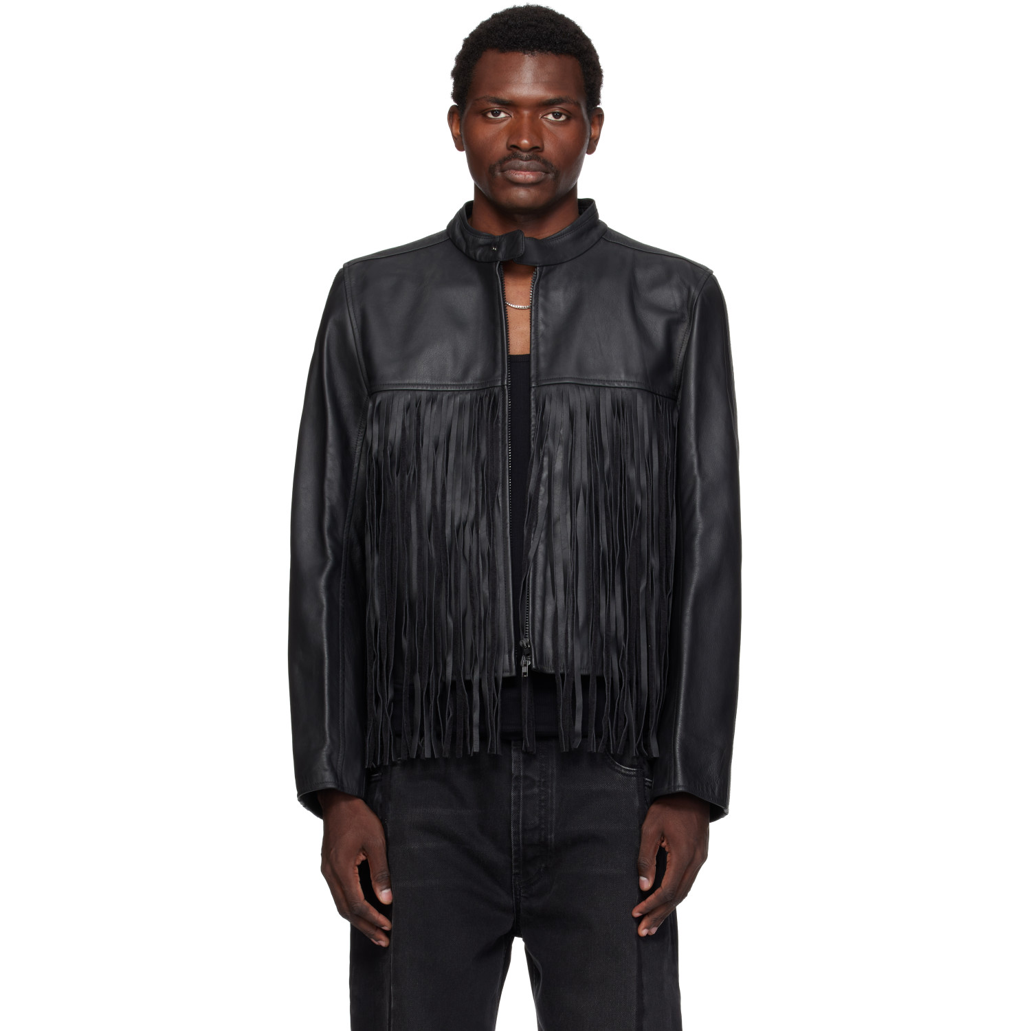 VETEMENTS Black Fringed Boxy Moto Leather Jacket