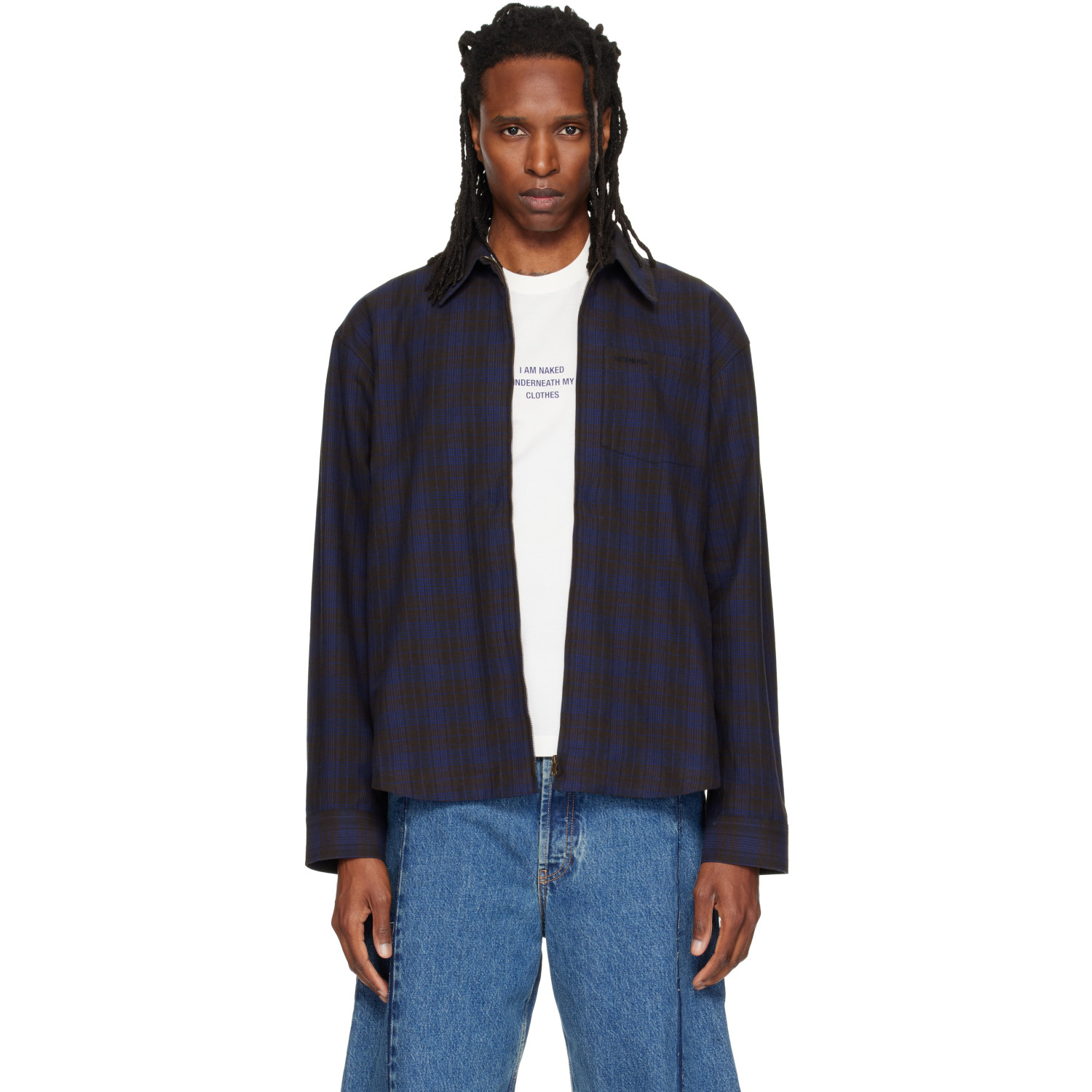 VETEMENTS Blue Zip Up Flannel Shirt