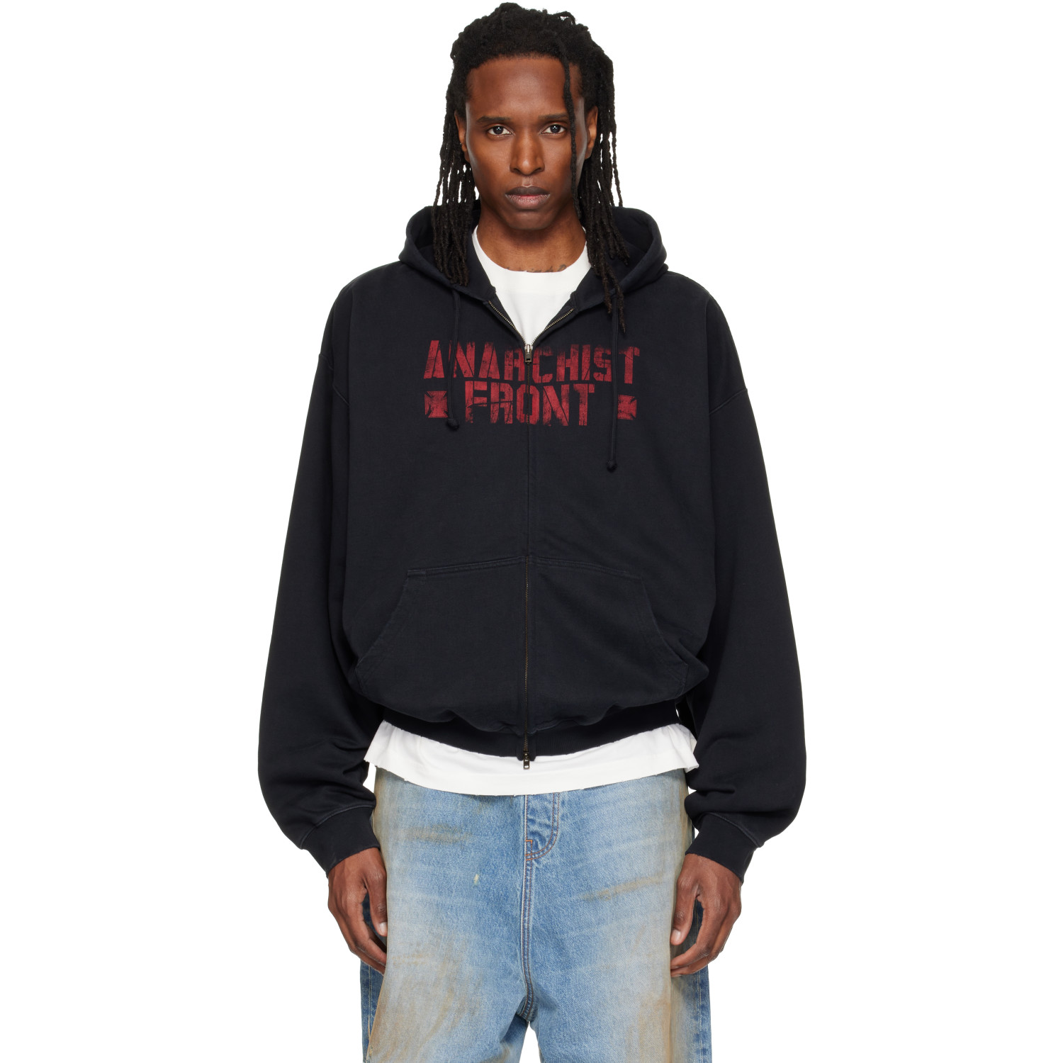 VETEMENTS Black Zip Up 'Anarchist Front' Hoodie