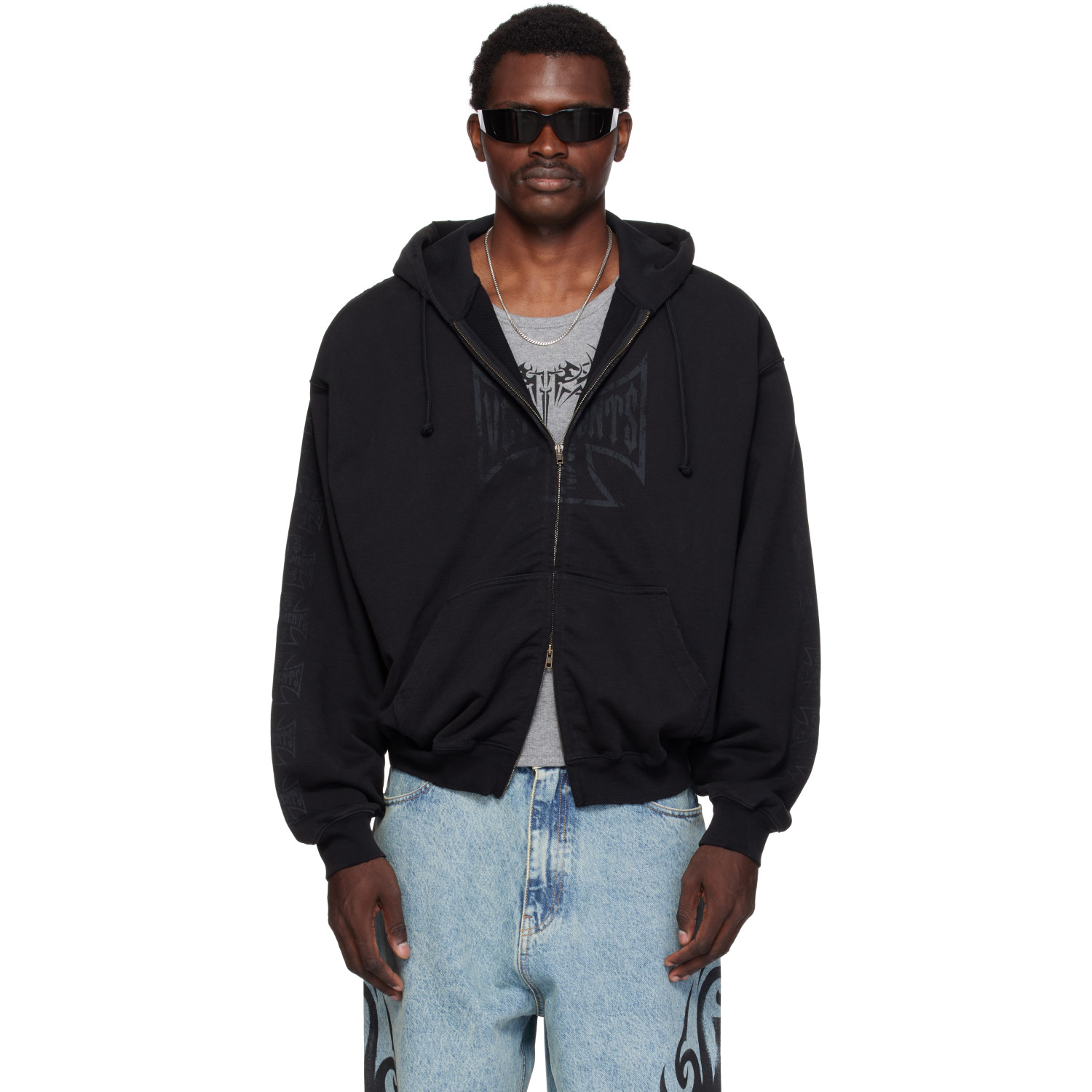 VETEMENTS Black Big Biker Cross Zip-Up Hoodie