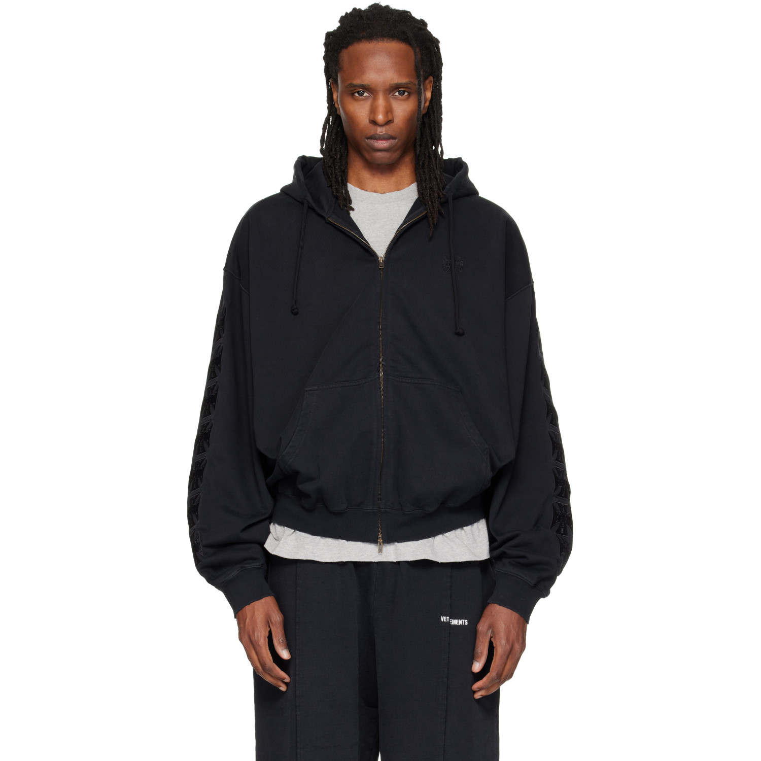 VETEMENTS Black Embroidered Biker Cross Logo Zip Up Hoodie