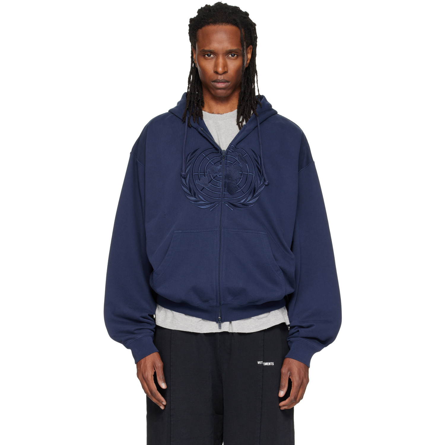 VETEMENTS Navy Embroidered Zip Up Hoodie