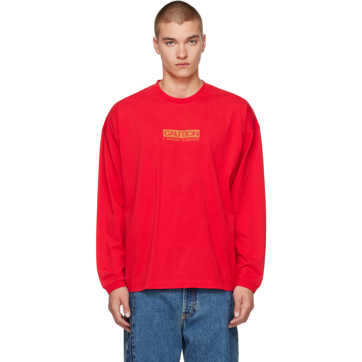VETEMENTS Red 'Caution I Know Karate' Longsleeve T-shirt