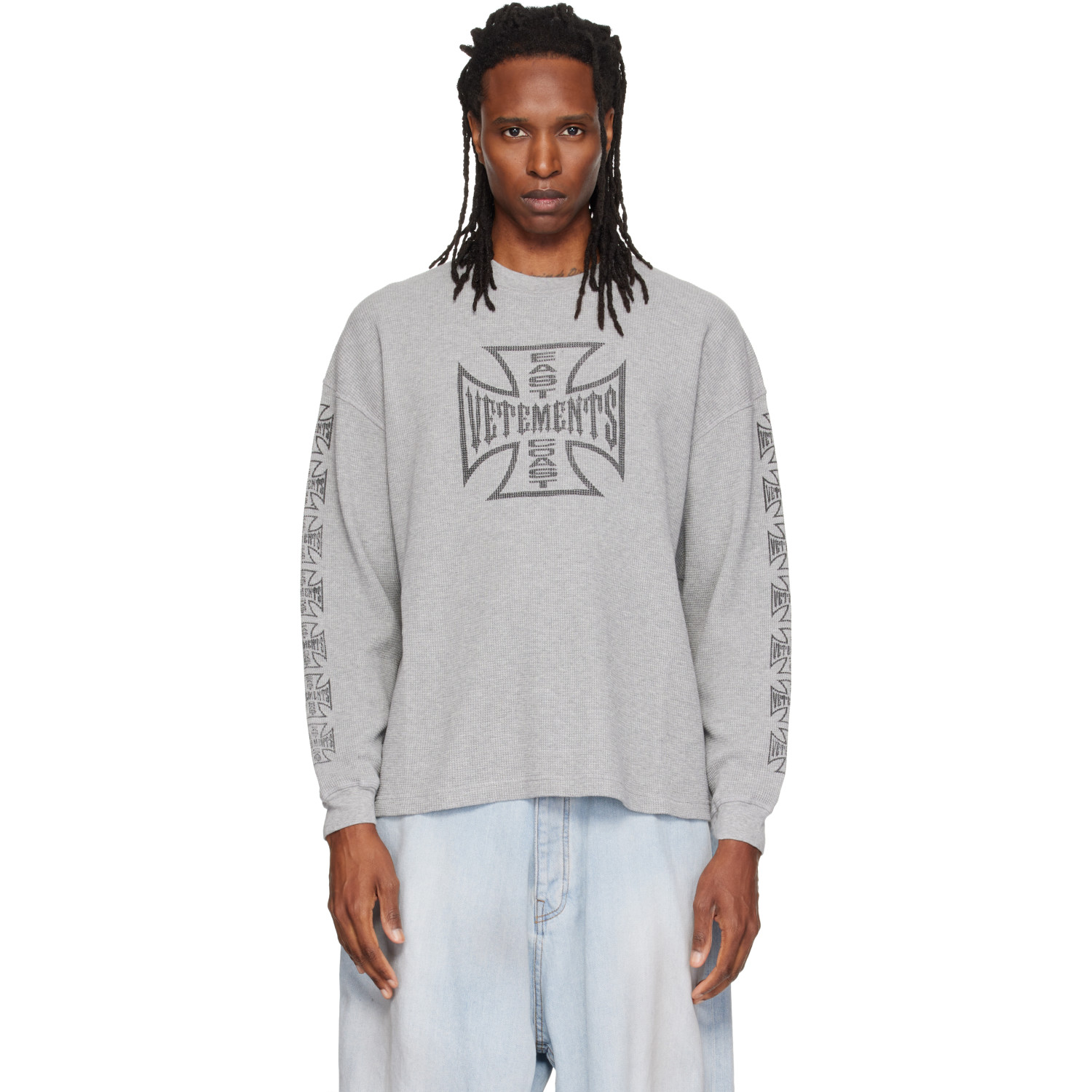 VETEMENTS Gray Biker Cross Logo Longsleeve T-shirt