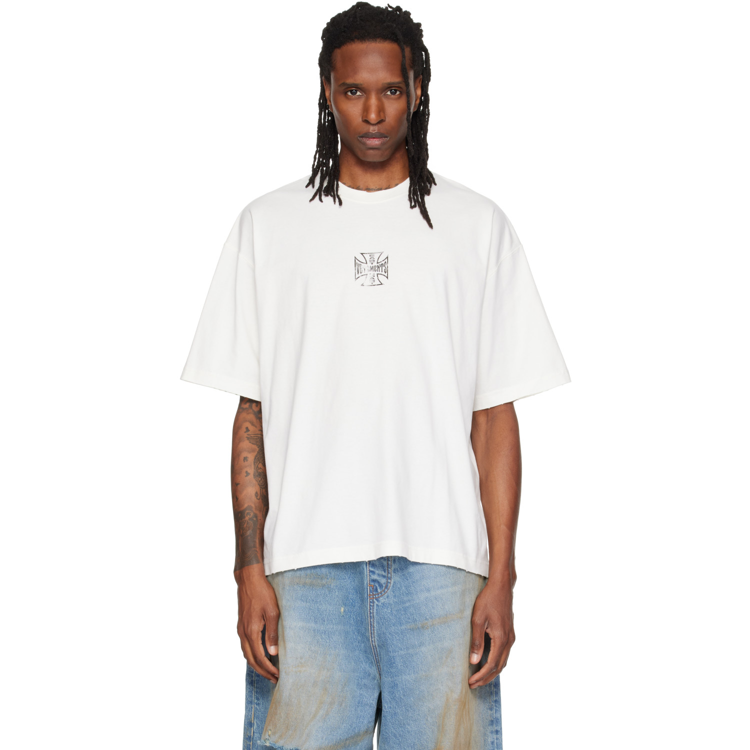 VETEMENTS Off-White Biker Cross Logo Boxy T-shirt