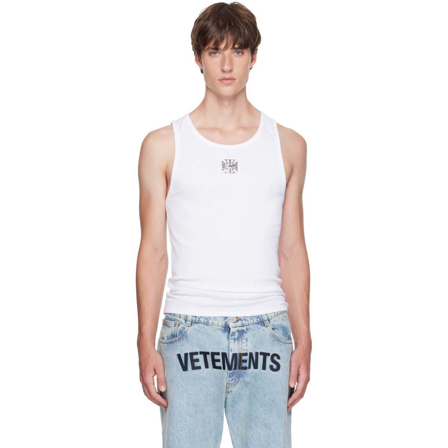 VETEMENTS White Biker Cross Logo Tank Top