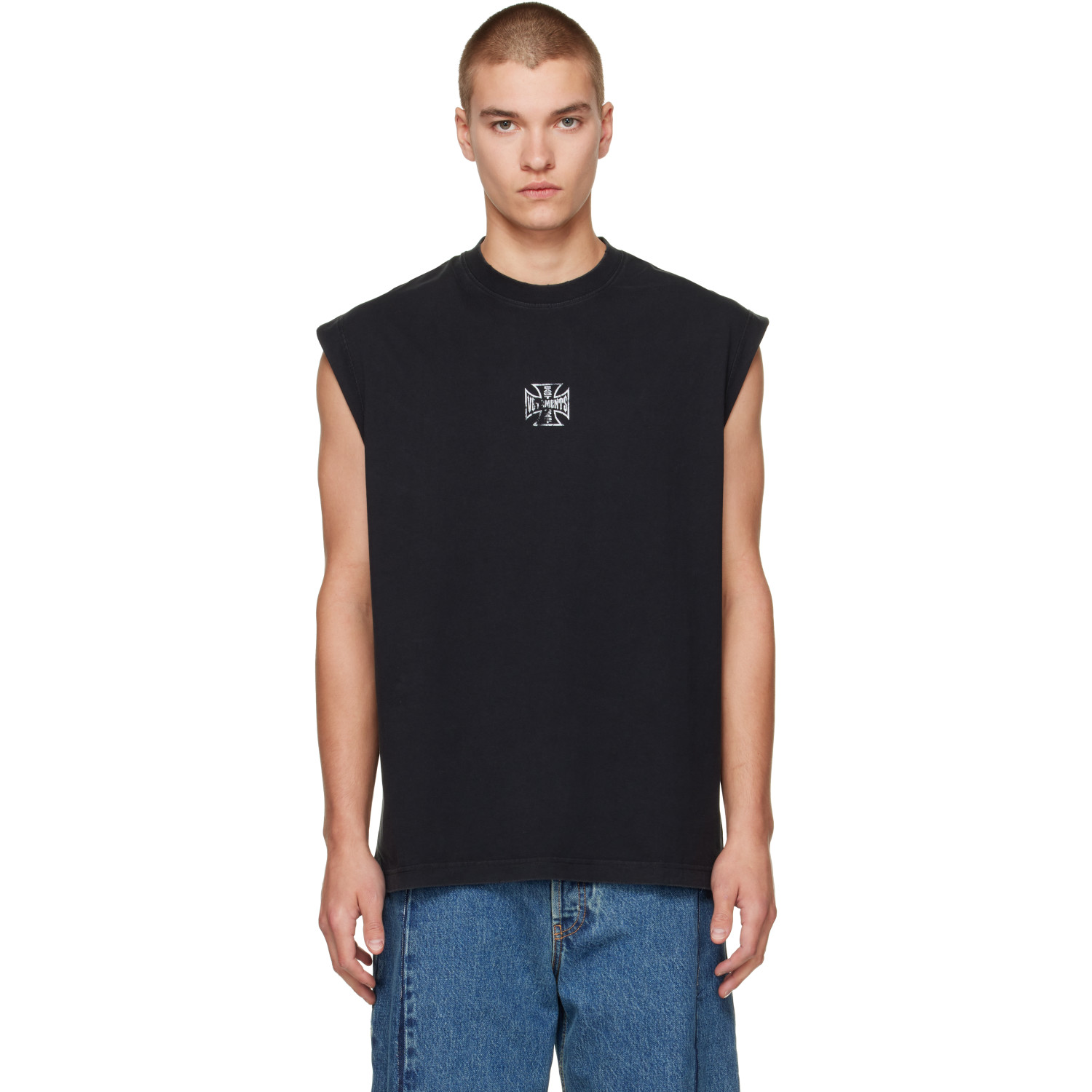 VETEMENTS Black Biker Cross Logo Sleeveless T-shirt
