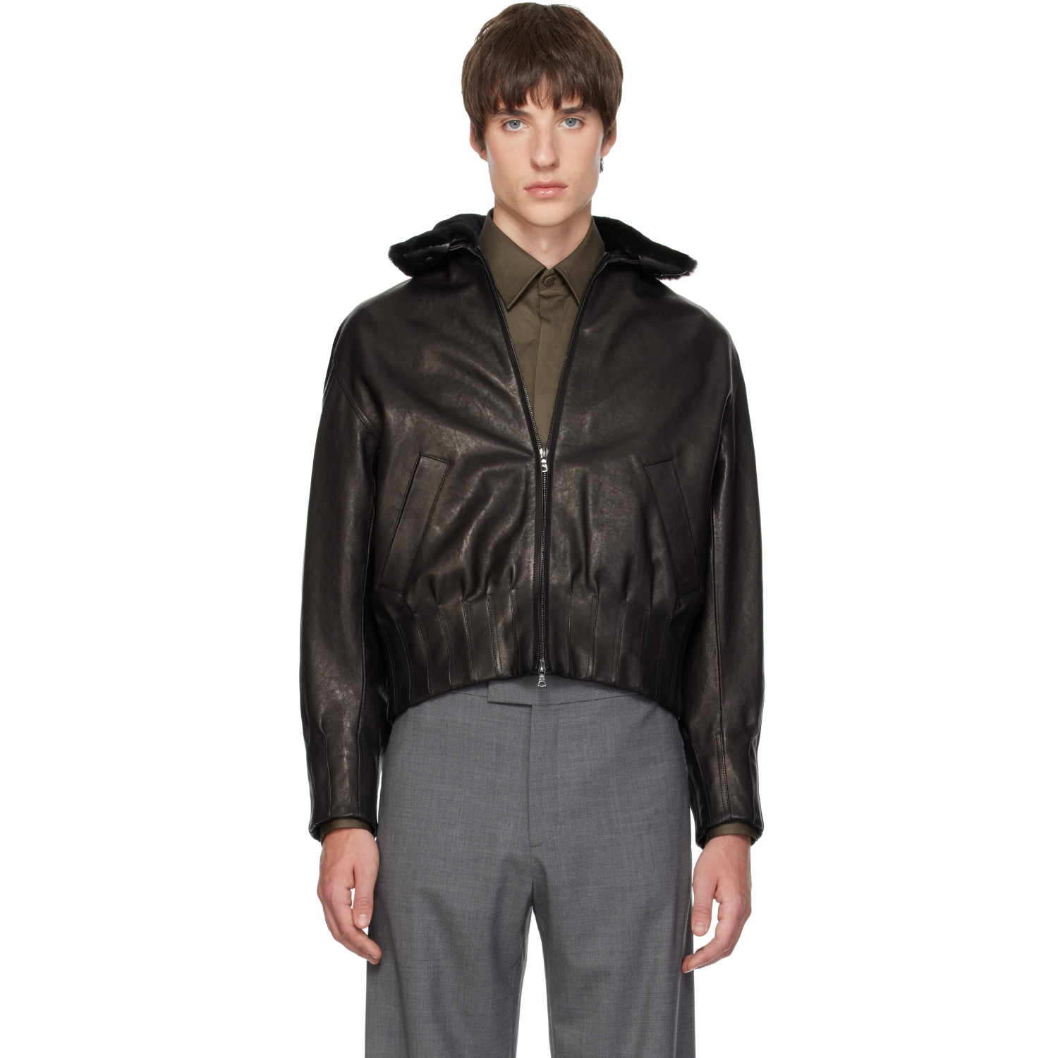 AARON ESH Black Shearling Collar Leather Bomber