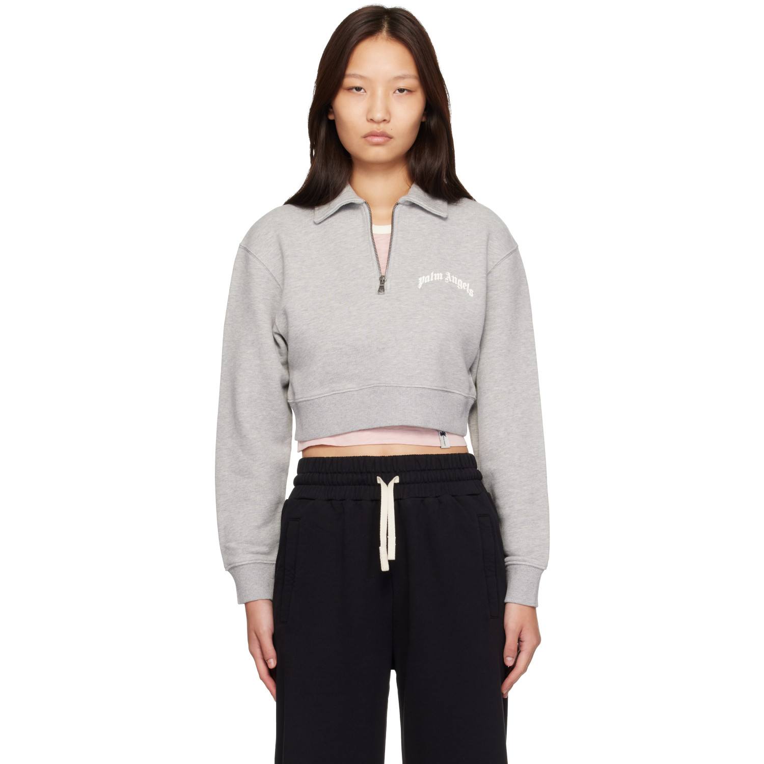 Palm Angels Gray Curved Logo Crop Crew Long Sleeve Polo