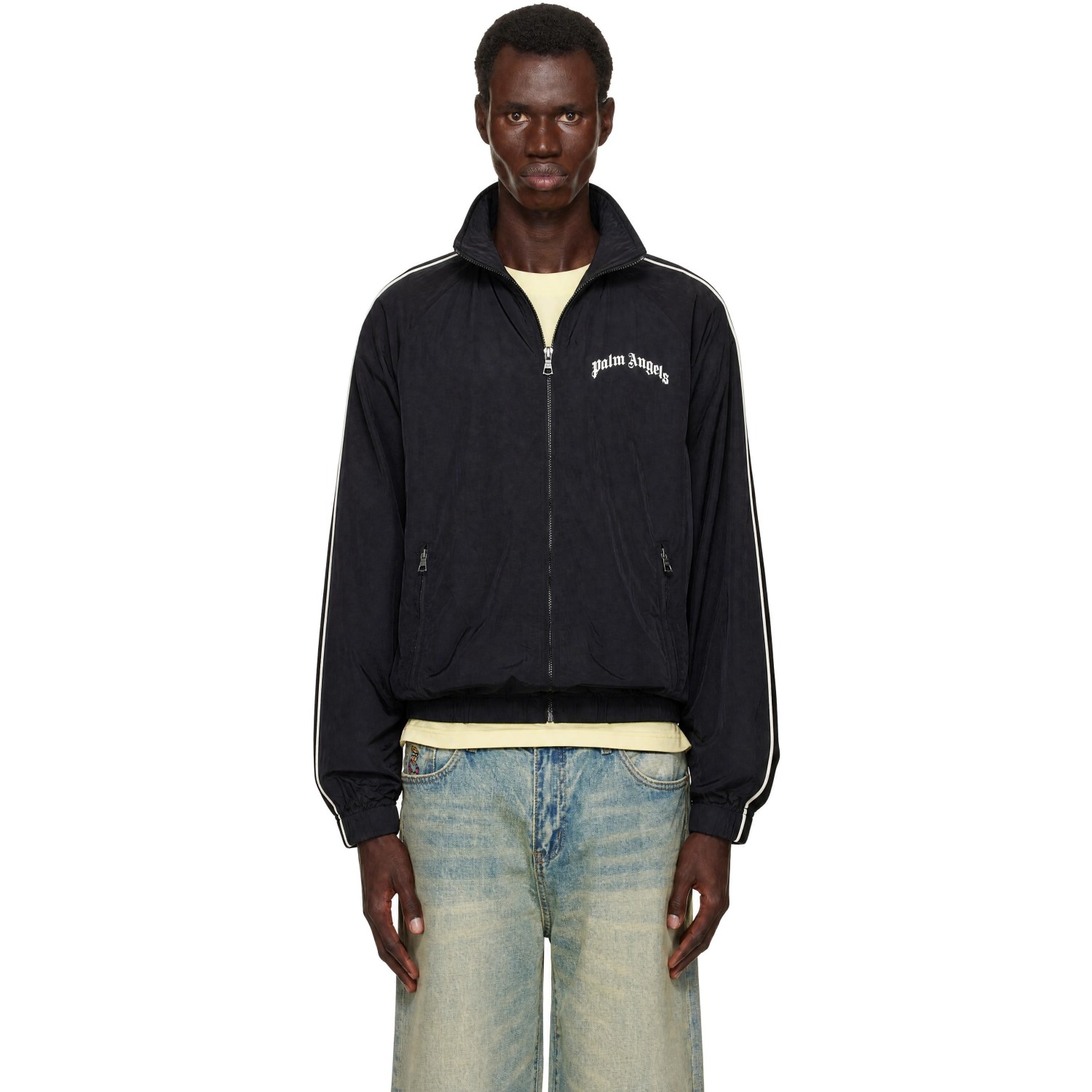 Palm Angels Black Curved Logo Vintage Windbreaker Track Jacket