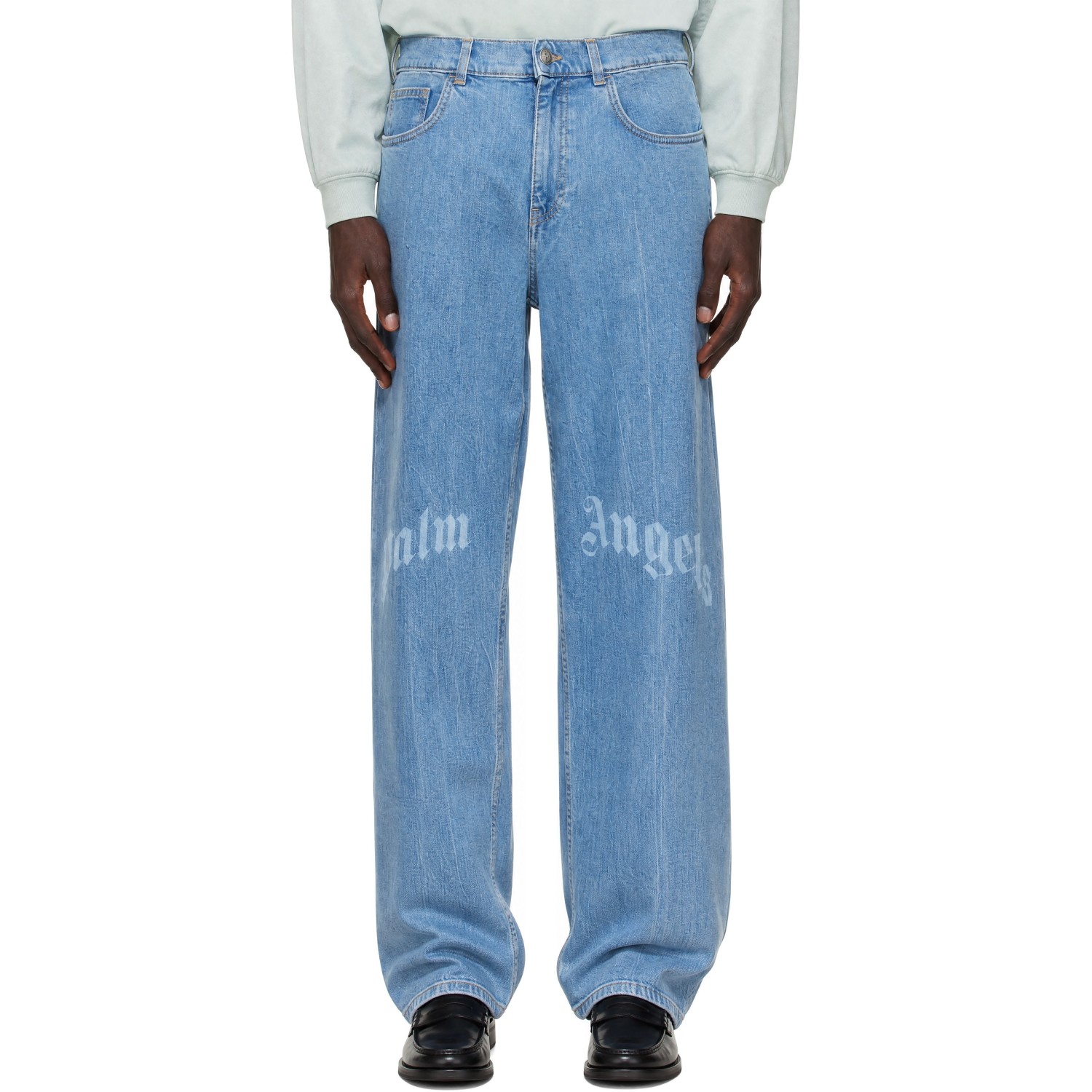 Palm Angels Blue Splitted Curved Logo 5-Pocket Jeans