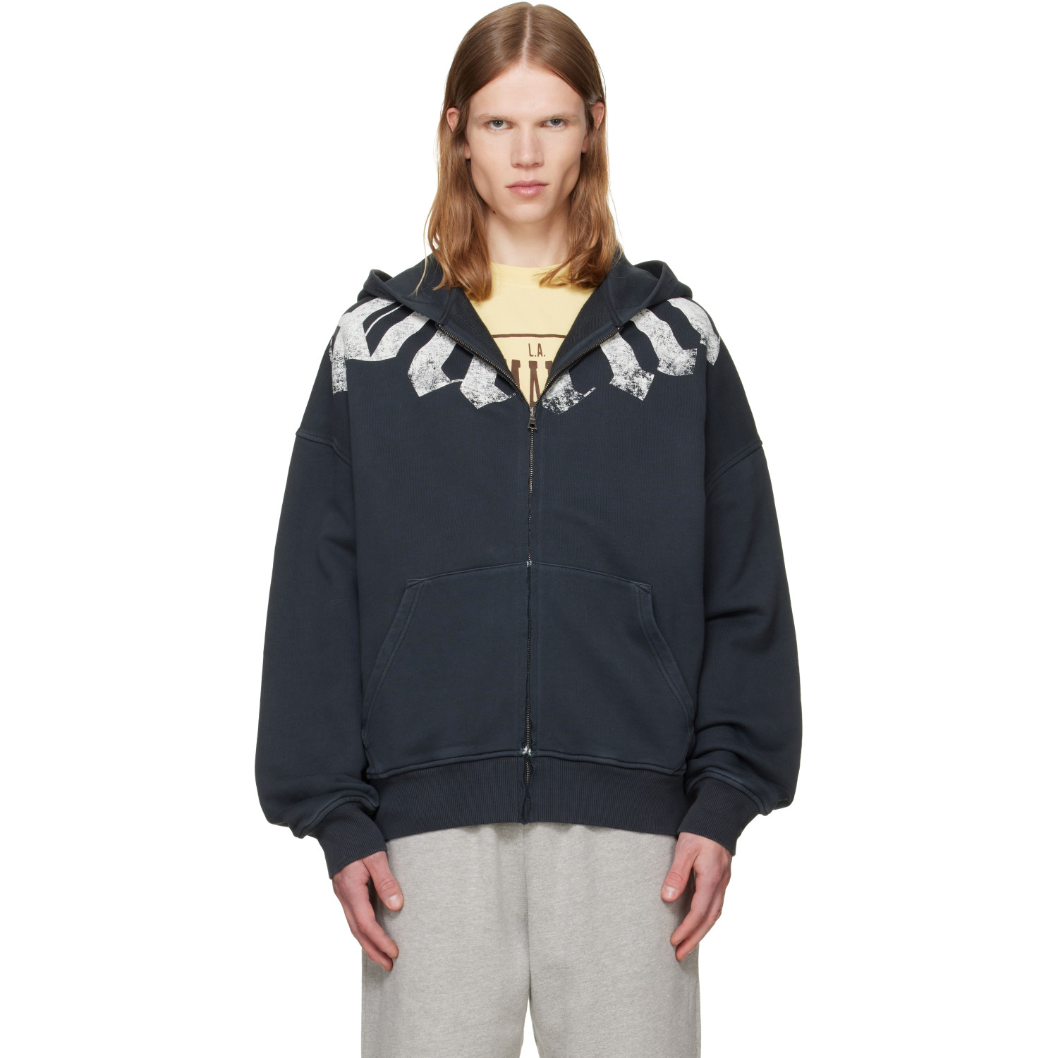 Palm Angels Black Big Neck Logo Zip Loose Hoodie