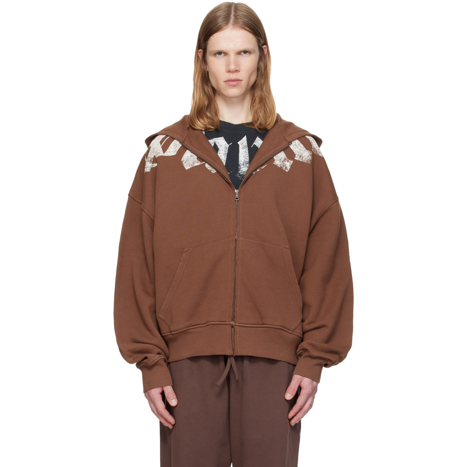 Palm Angels Brown Big Neck Logo Zip Loose Hoodie