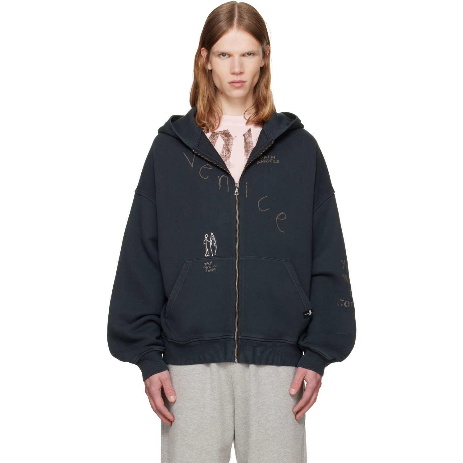 Palm Angels Black 'Surfer Dream' Zipped Loose Hoodie