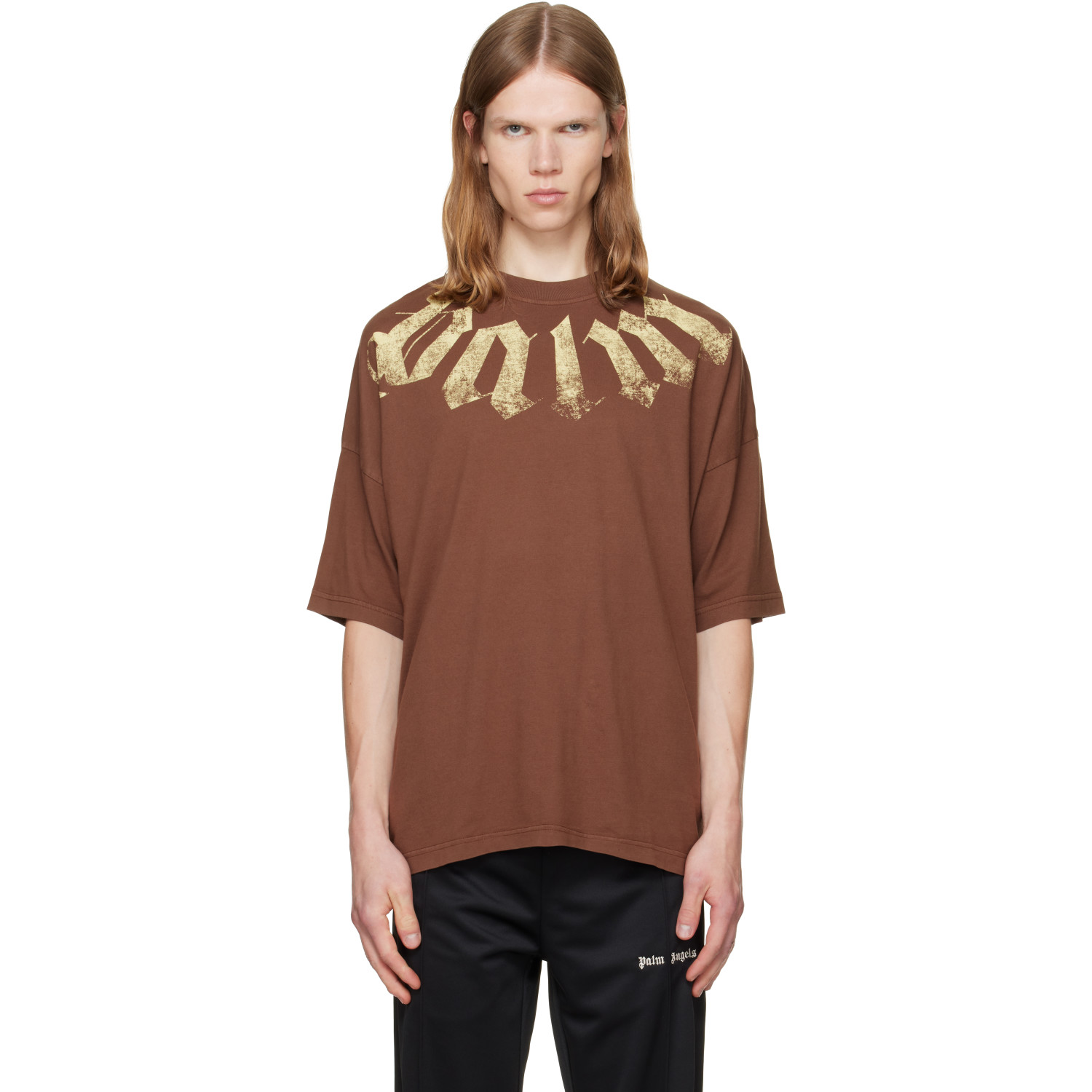 Palm Angels Brown Big Neck Logo Loose T-shirt