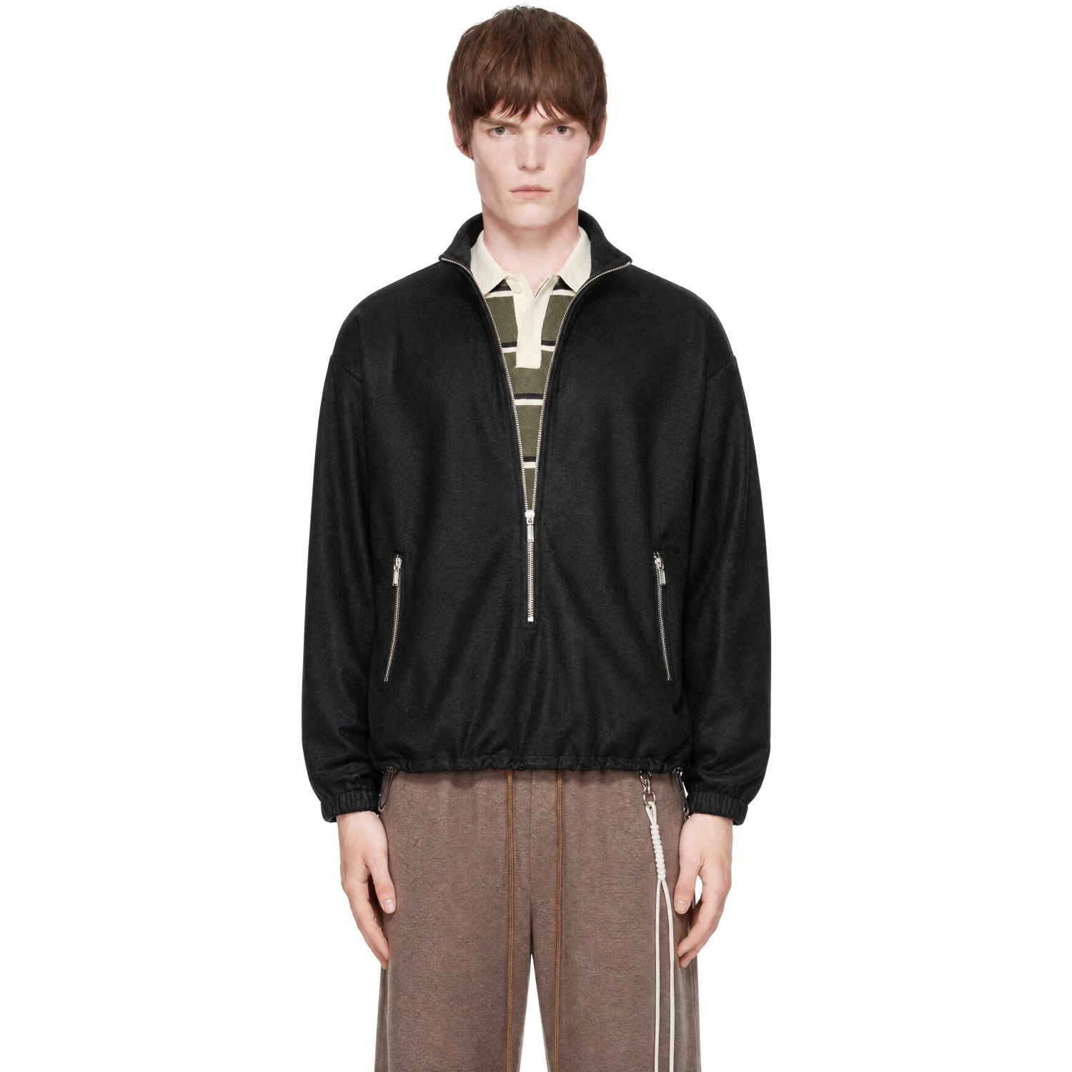 Song for the Mute Black Drape Wool Long Zip Pullover Sweater