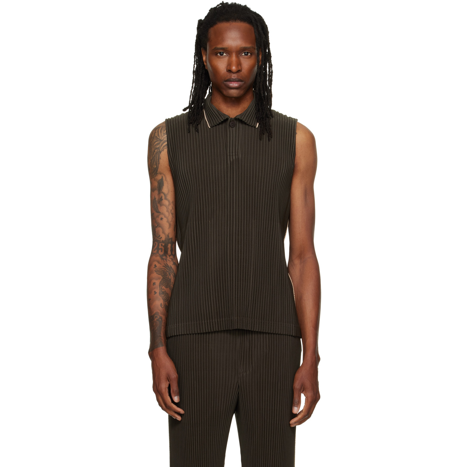 HOMME PLISSÉ ISSEY MIYAKE Brown Embroidery Stripes Vest