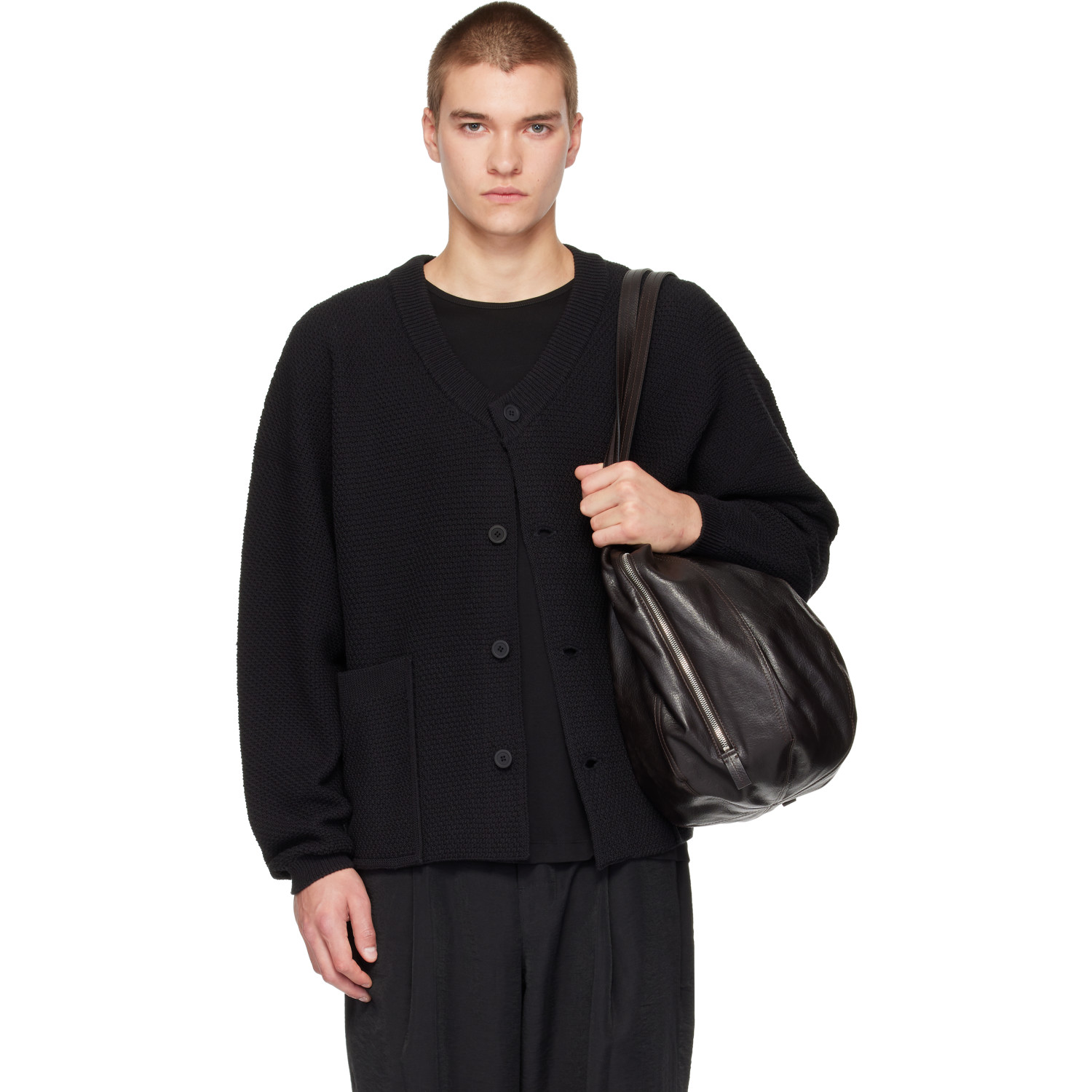 HOMME PLISSÉ ISSEY MIYAKE Black Rustic Knit Cardigan