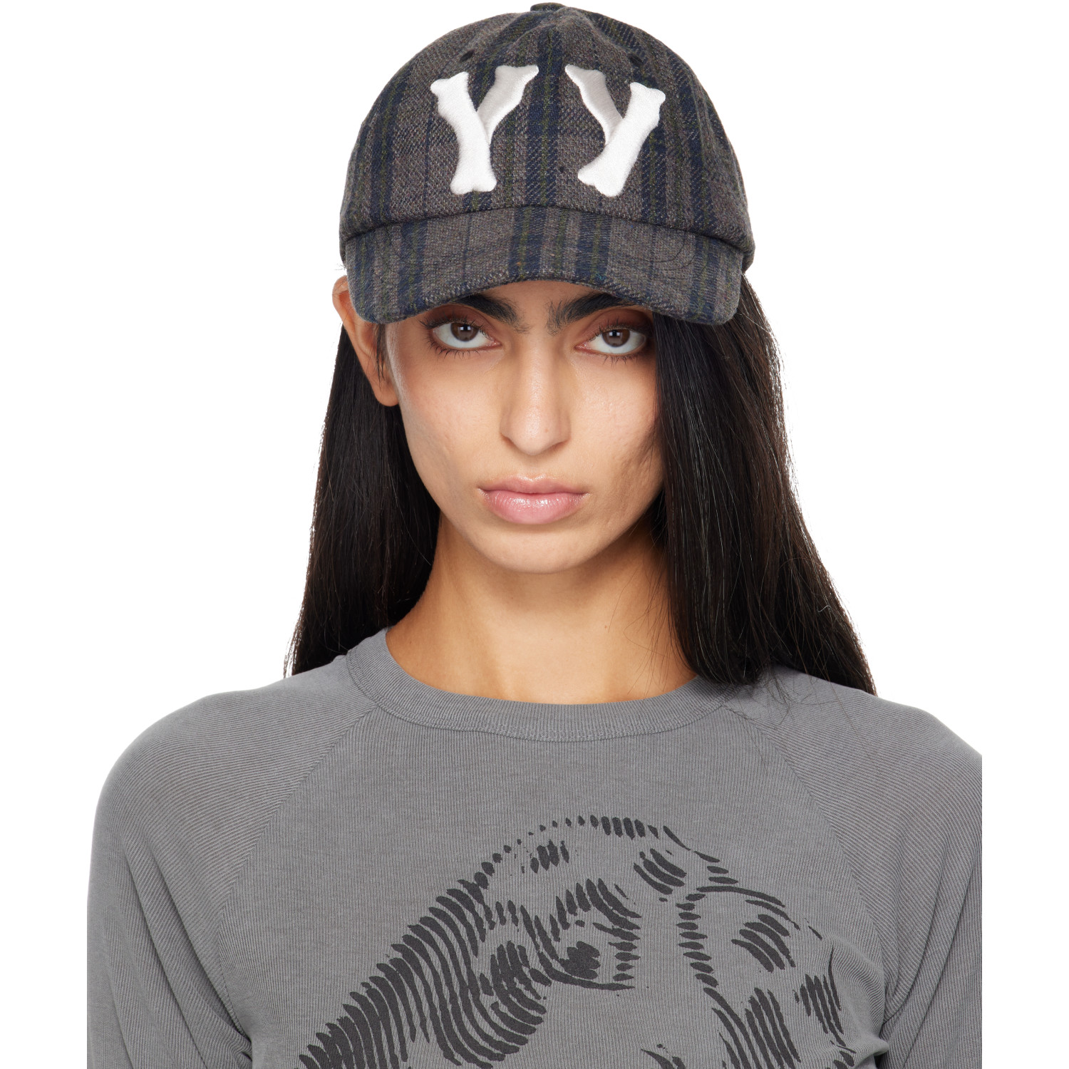 OPEN YY Brown 'Yy' Checkered Heart Bone Ball Cap