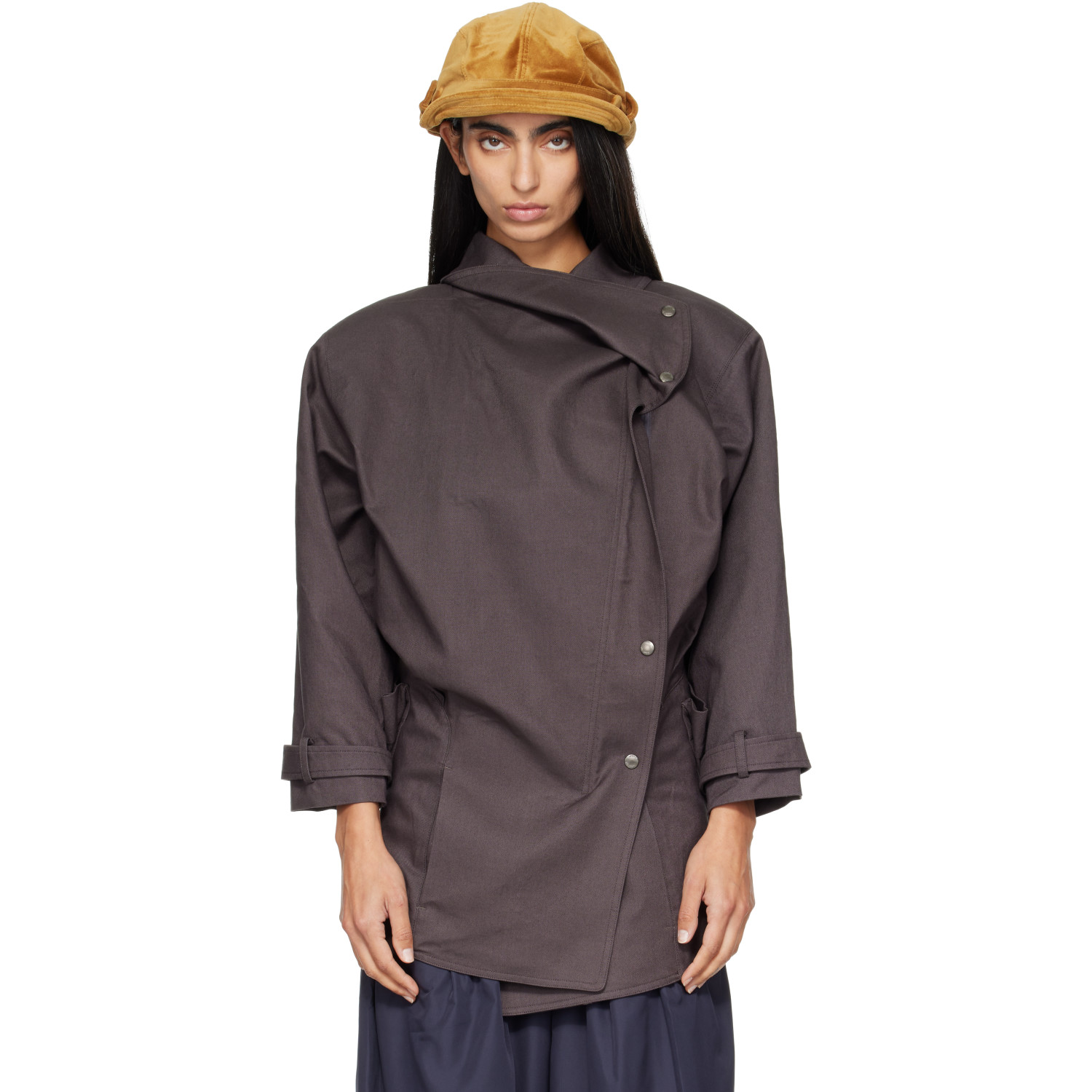 OPEN YY Brown Drop Collar Half Trench Jacket