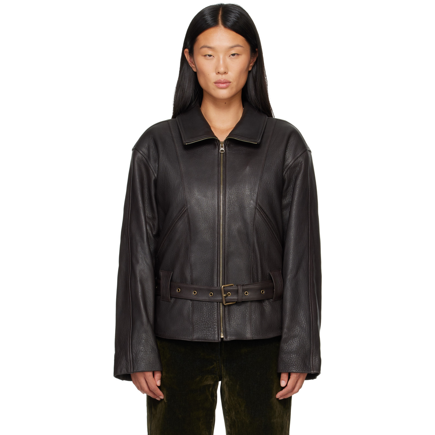 OPEN YY Brown Belted Leather Jacket