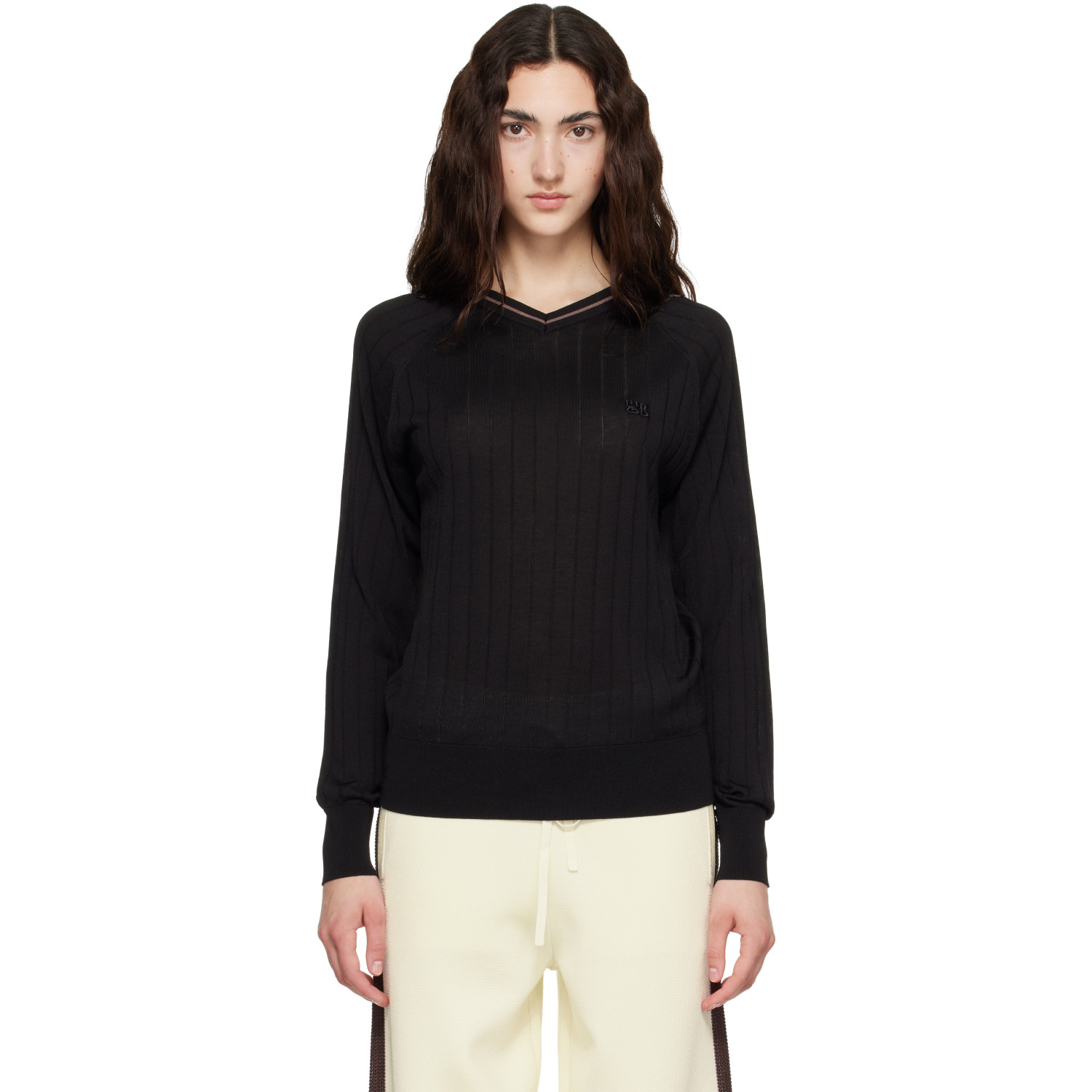 Wales Bonner Black Viscose Silk Knit Roots Polo