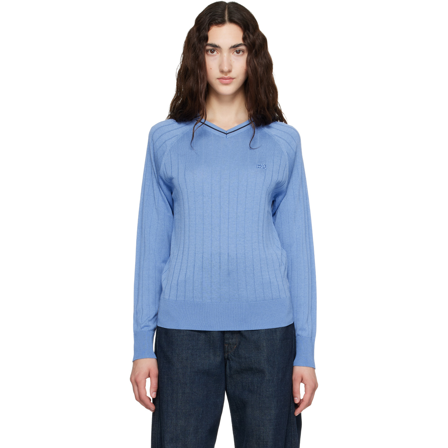 Wales Bonner Blue Viscose SIlk Knit Roots Polo