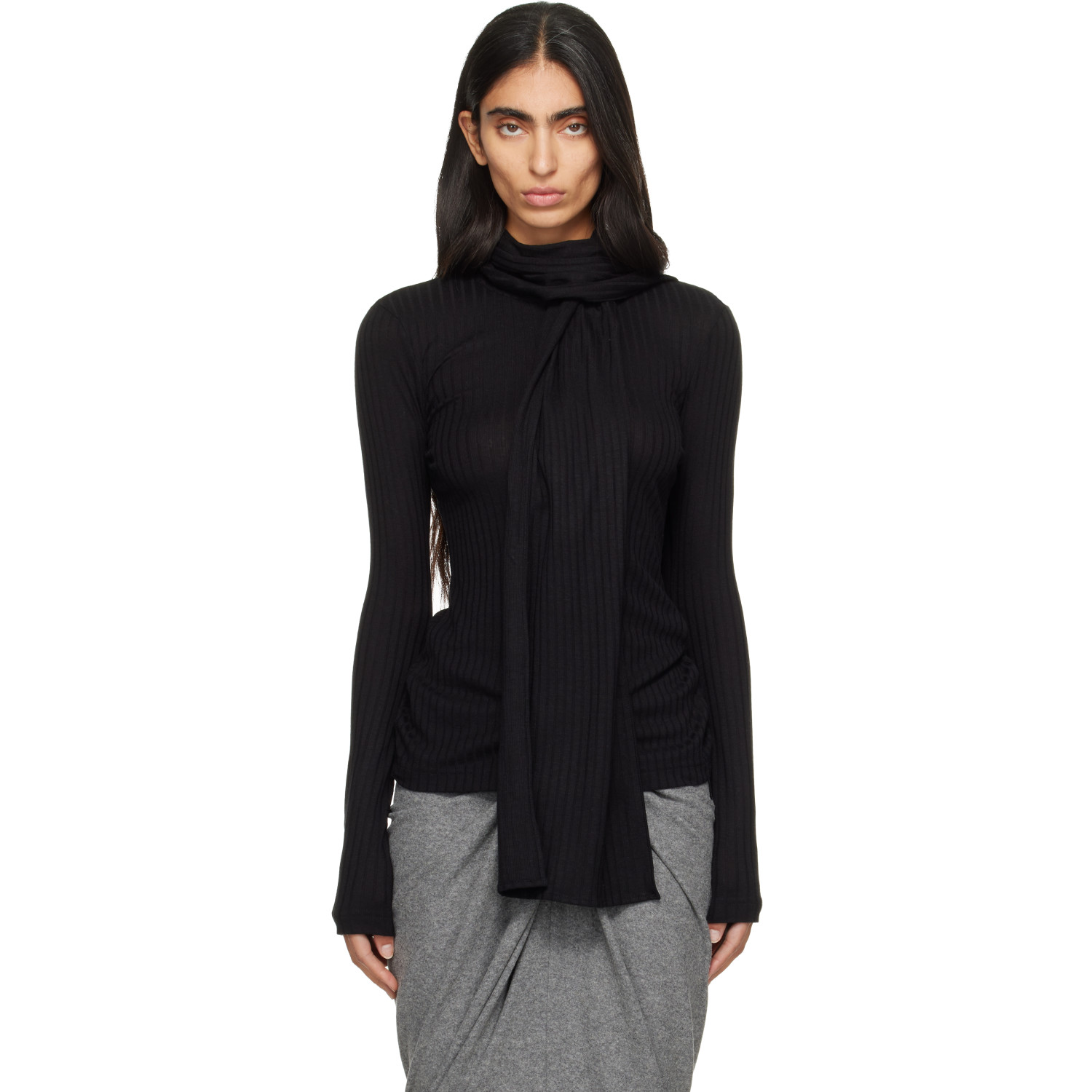 TOTEME Black Ribbed Bow Blouse