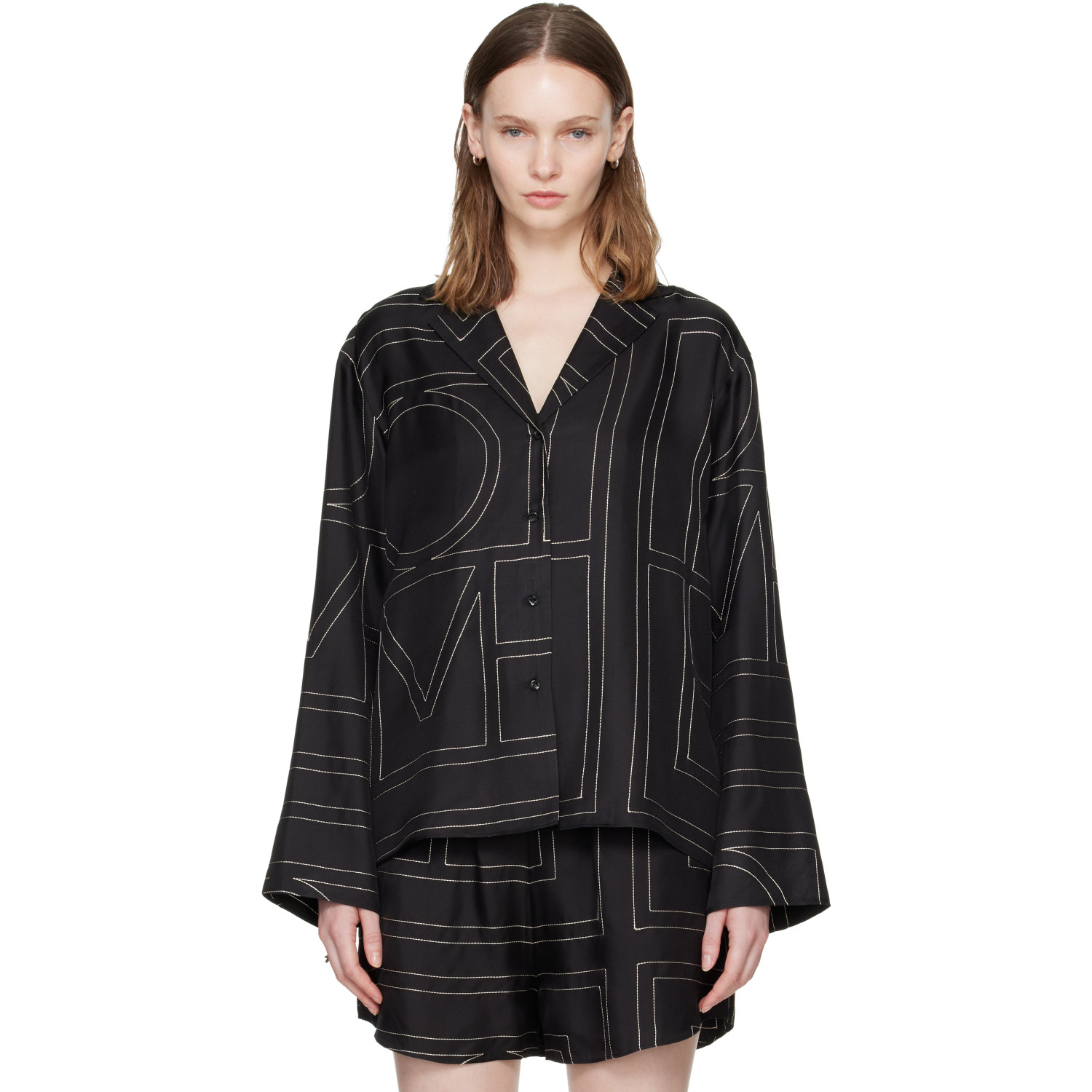 TOTEME Black Monogram Silk PJ Shirt