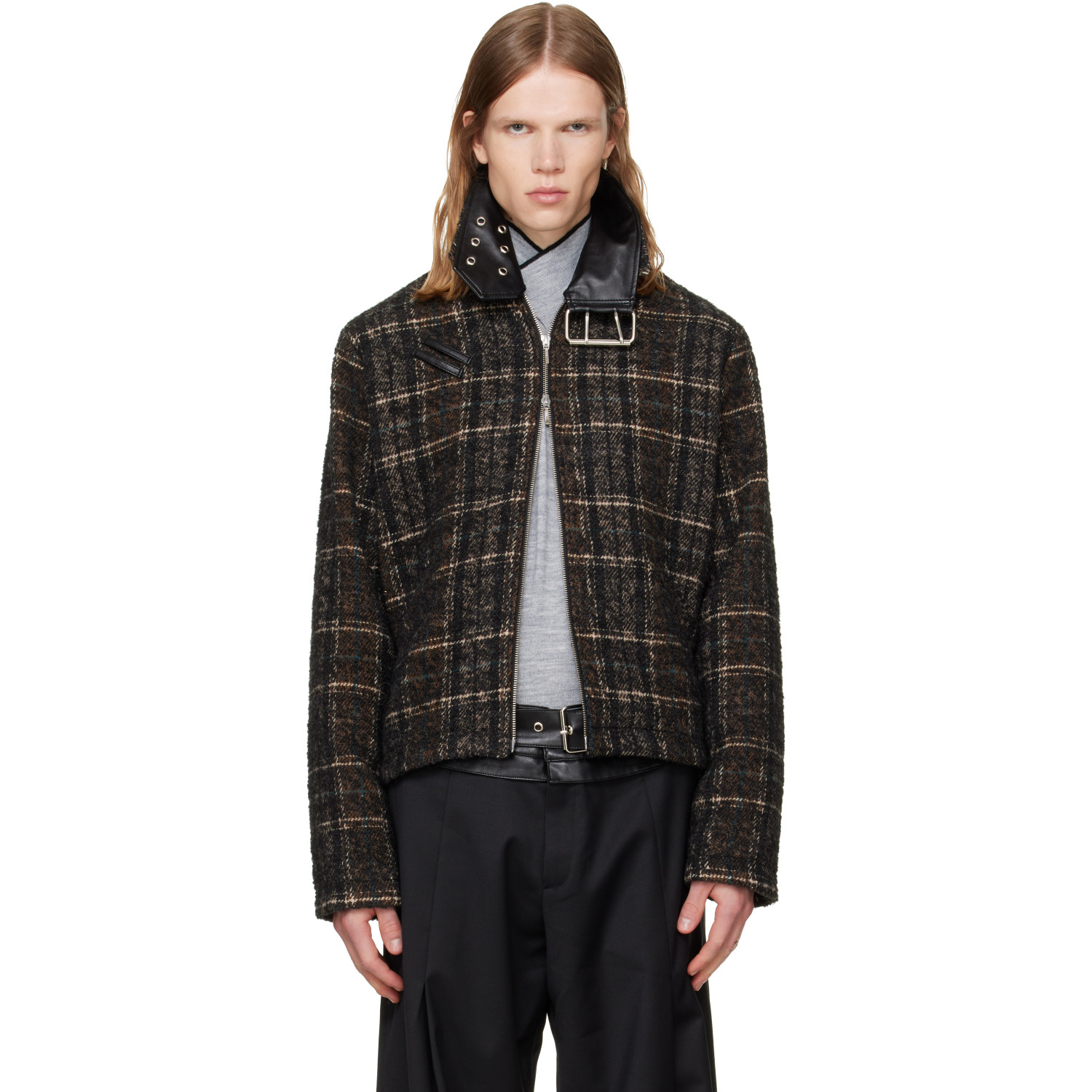 a.v. vattev Brown & Black Detachable Collar-Belt Wool Jacket